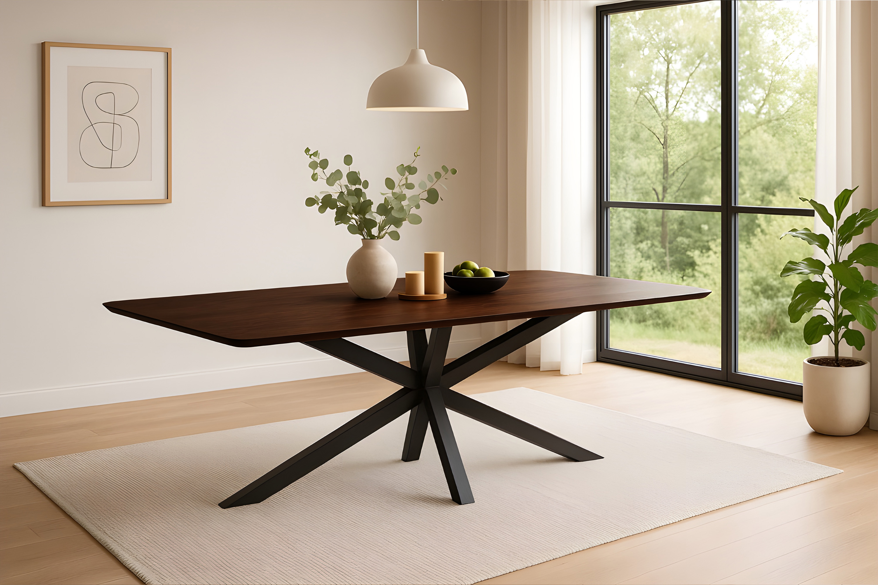 Esstisch 240 x 100 cm Akazie massiv kastanienfarben Schweizer Kante Spider-Gestell schwarz ROBERTO
