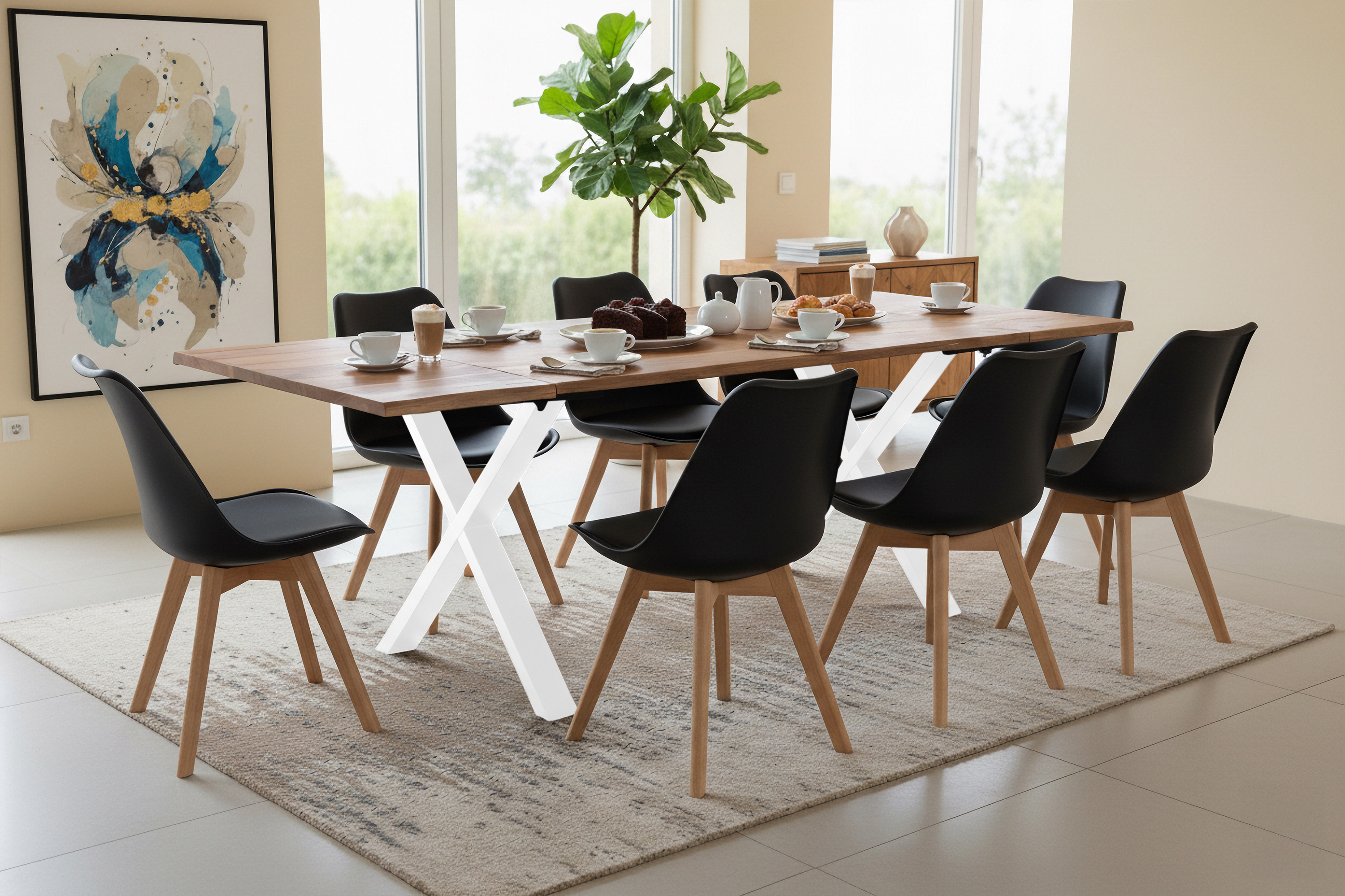 Esstisch Baumkante Akazie natur 140(220)x90 Ansteckplatten X-Gestell weiß AVINO