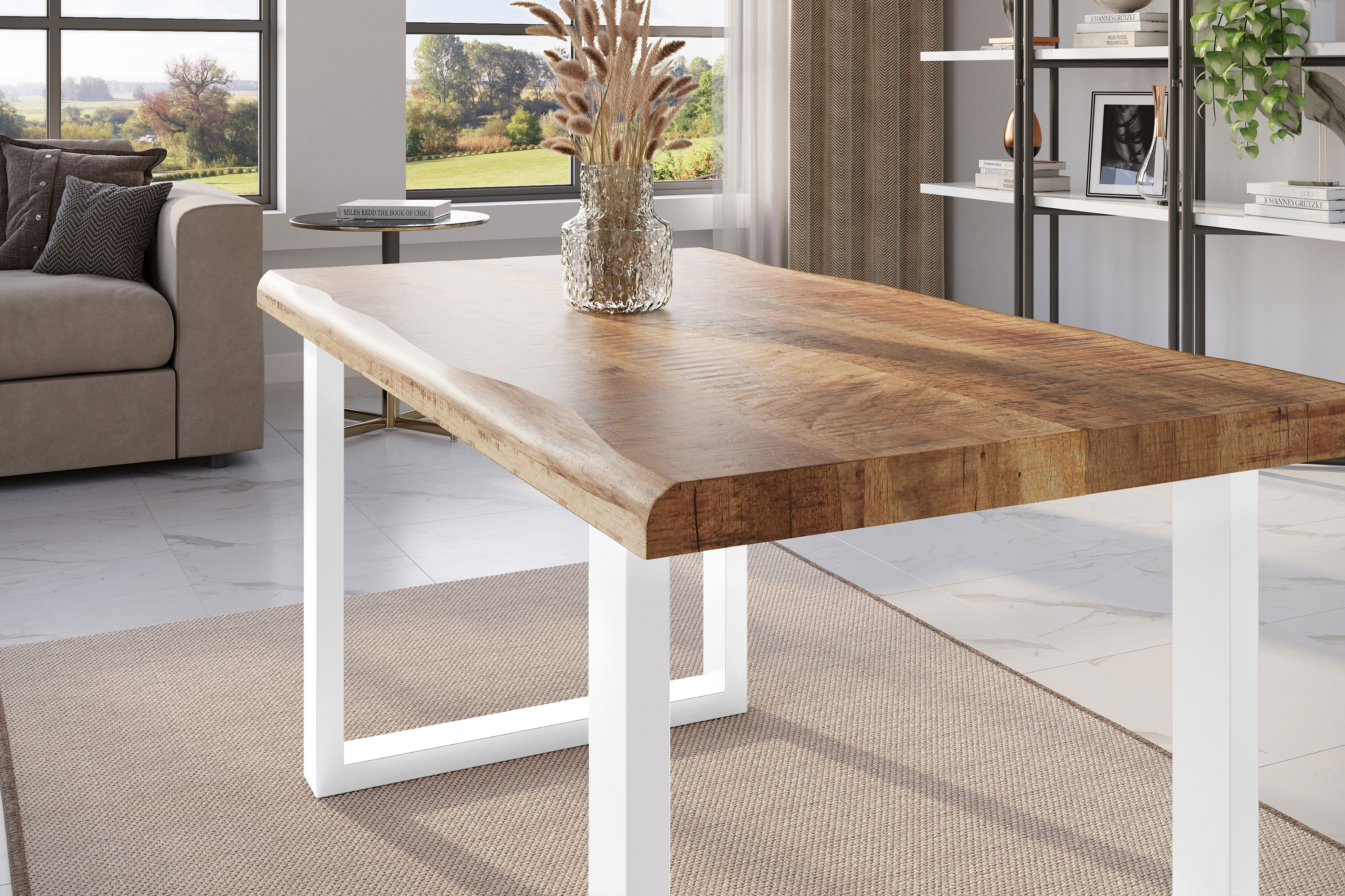Esstisch Baumkante massiv Mango rough 140 x 80 U-Gestell weiß ATLAS