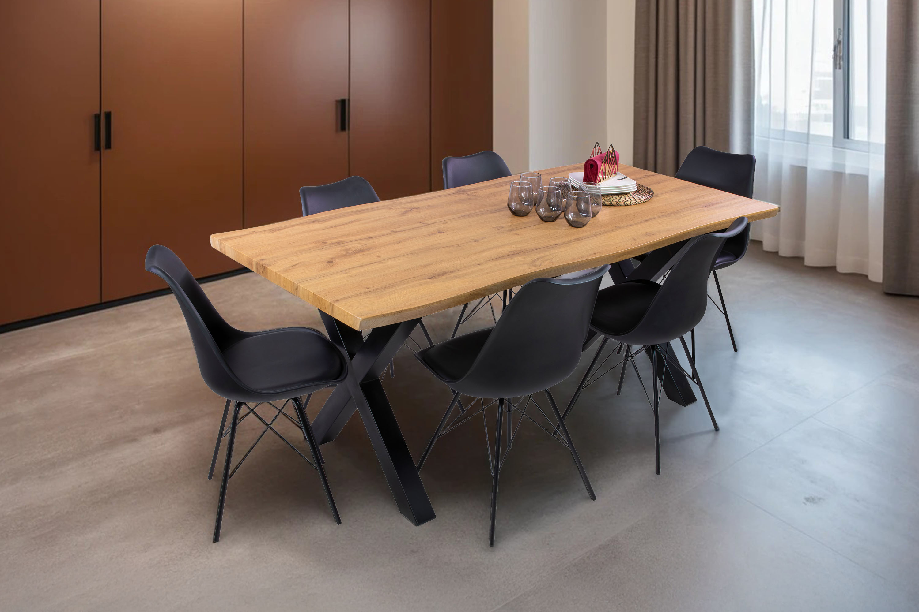 Esstisch Baumkante Holz-Optik Wildeiche 180 x 90 X-Gestell schwarz JOSY