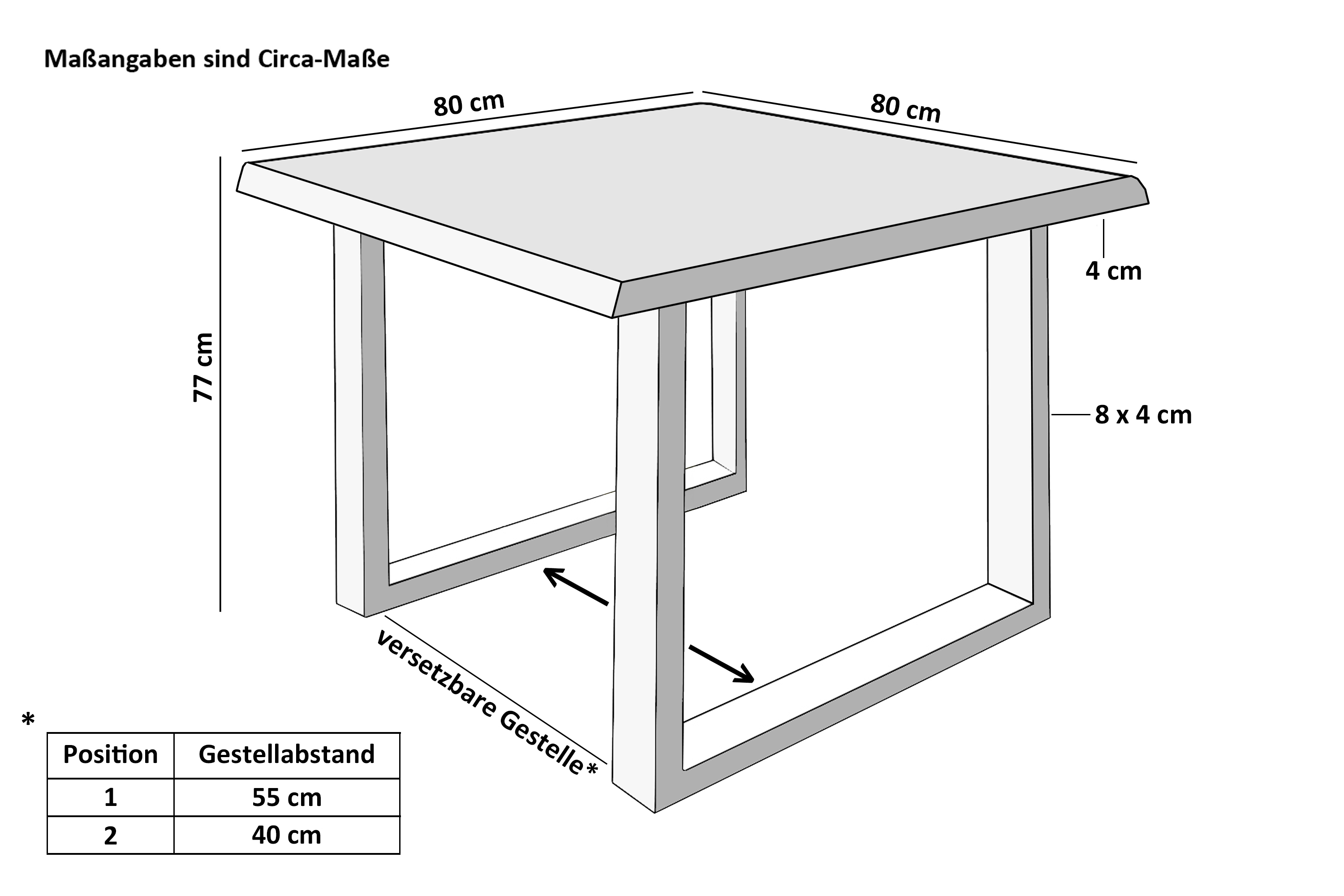 Esstisch Baumkante Holz-Optik Nussbaum 80 x 80 U-Gestell weiß JOSY