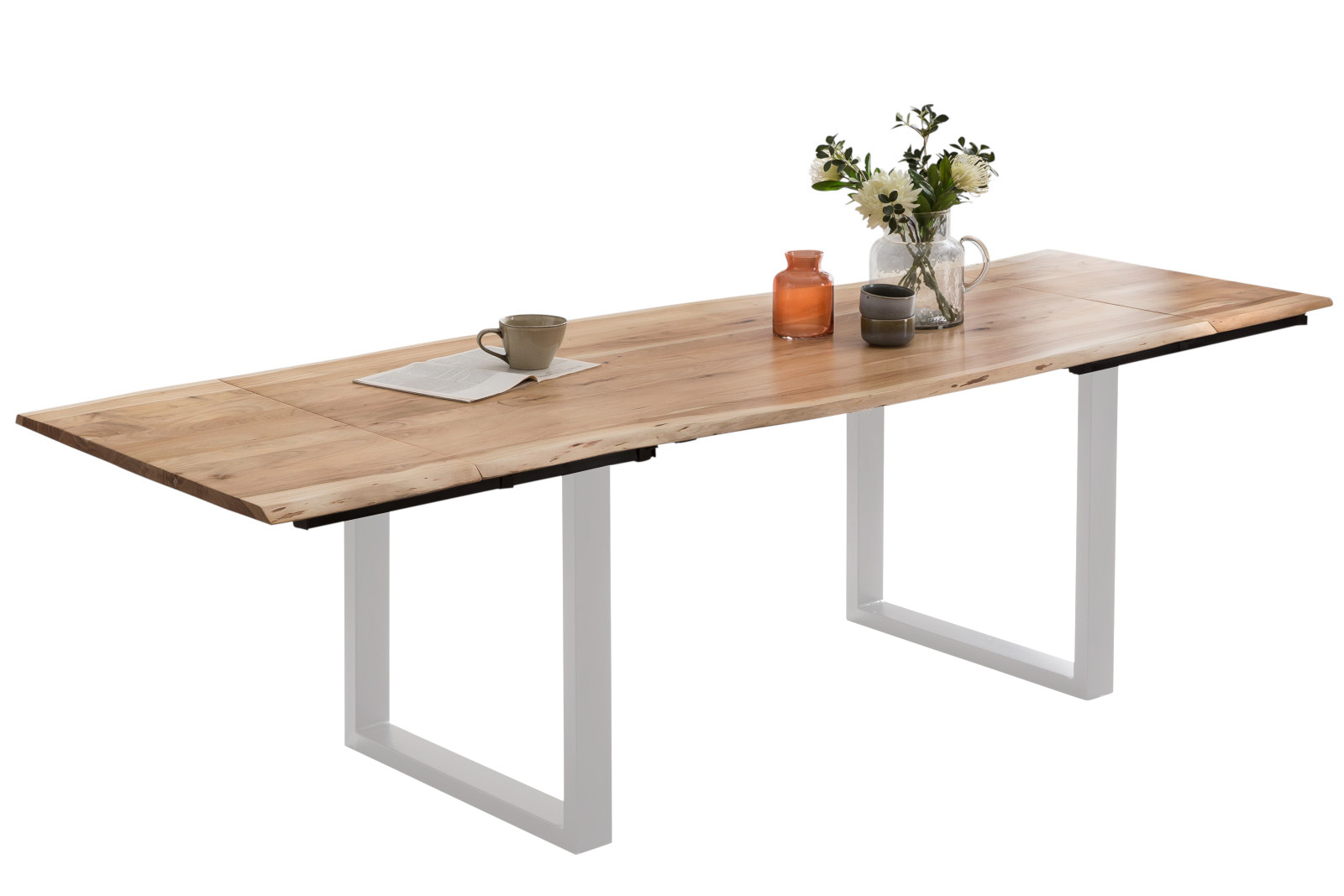 Esstisch Baumkante Akazie natur 120(200)x90 Ansteckplatten silber PAULO