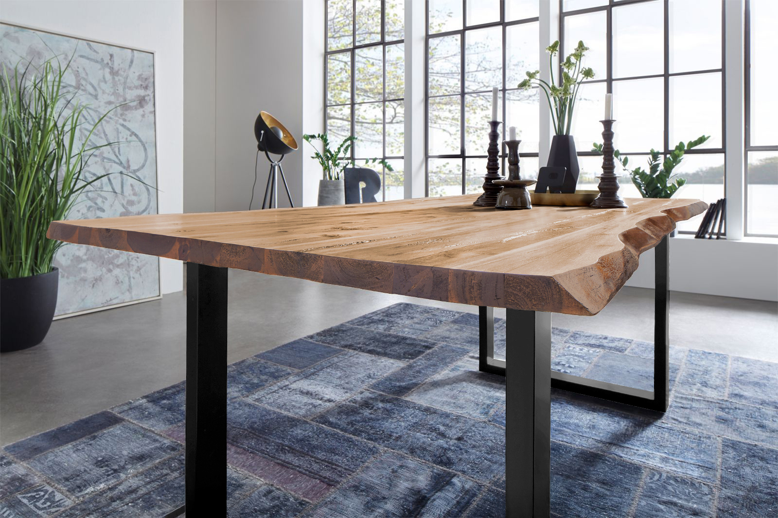 Esstisch Baumkante massiv Akazie eichefarben 180 x 90 schwarz NOAH