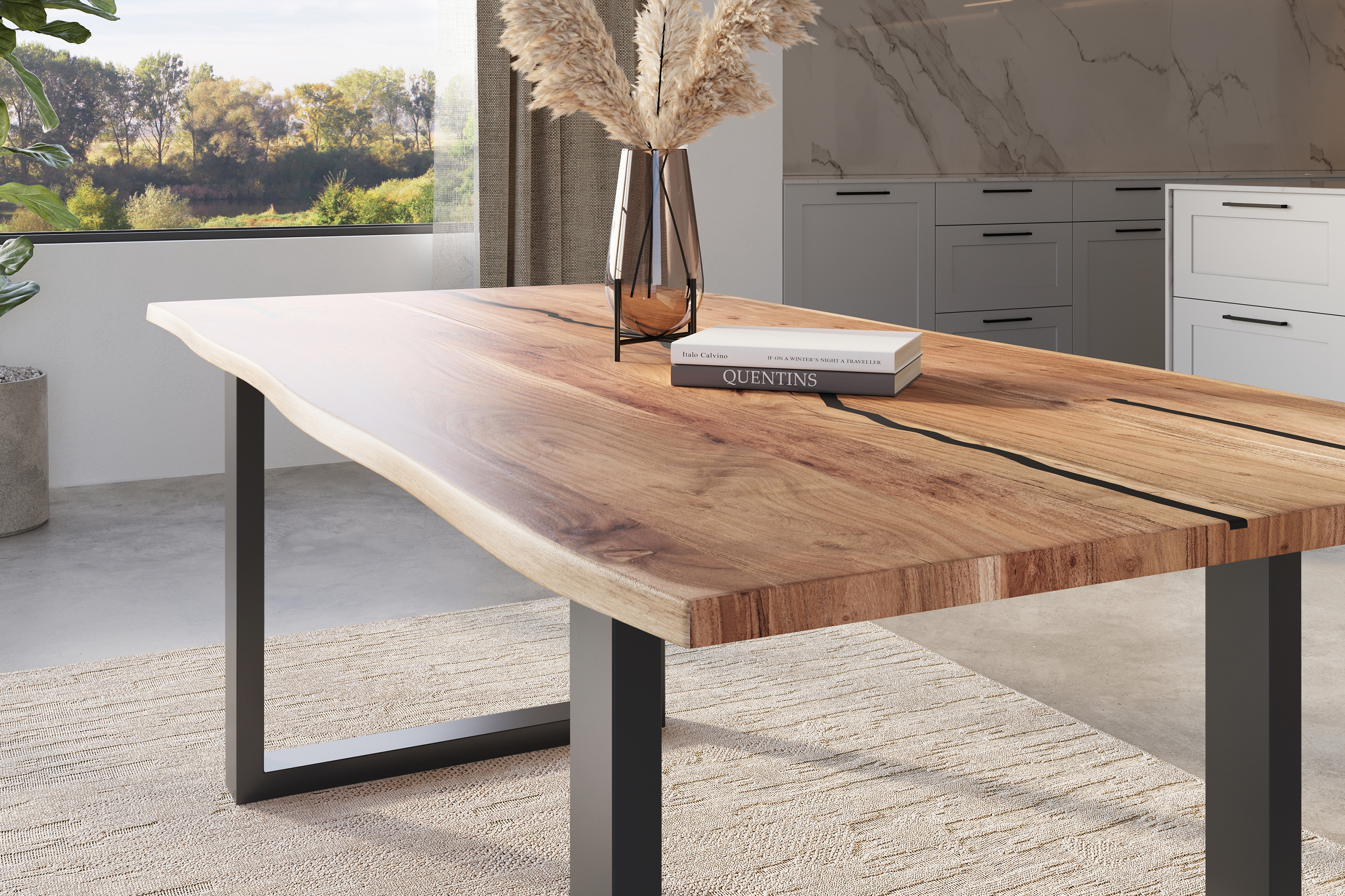 Baumkantentisch Akazie mit schwarzen Resin-Adern naturfarben 240 x 100 cm U-Gestell schwarz POLLY