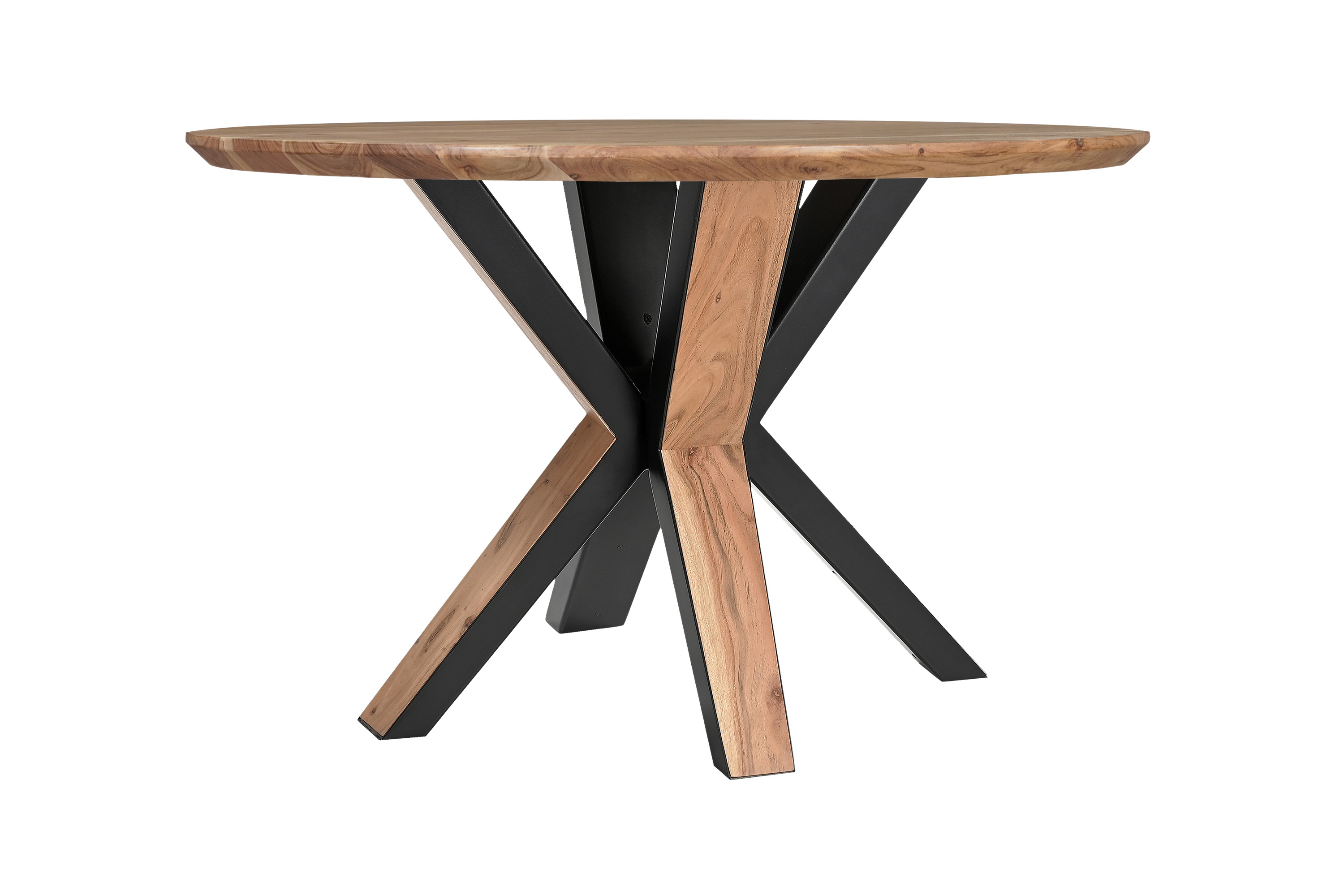 Runder Esszimmertisch Akazie naturfarben Schweizer Kante 120 cm Spider-Gestell schwarz aus Metall + Holz KIMBERLY