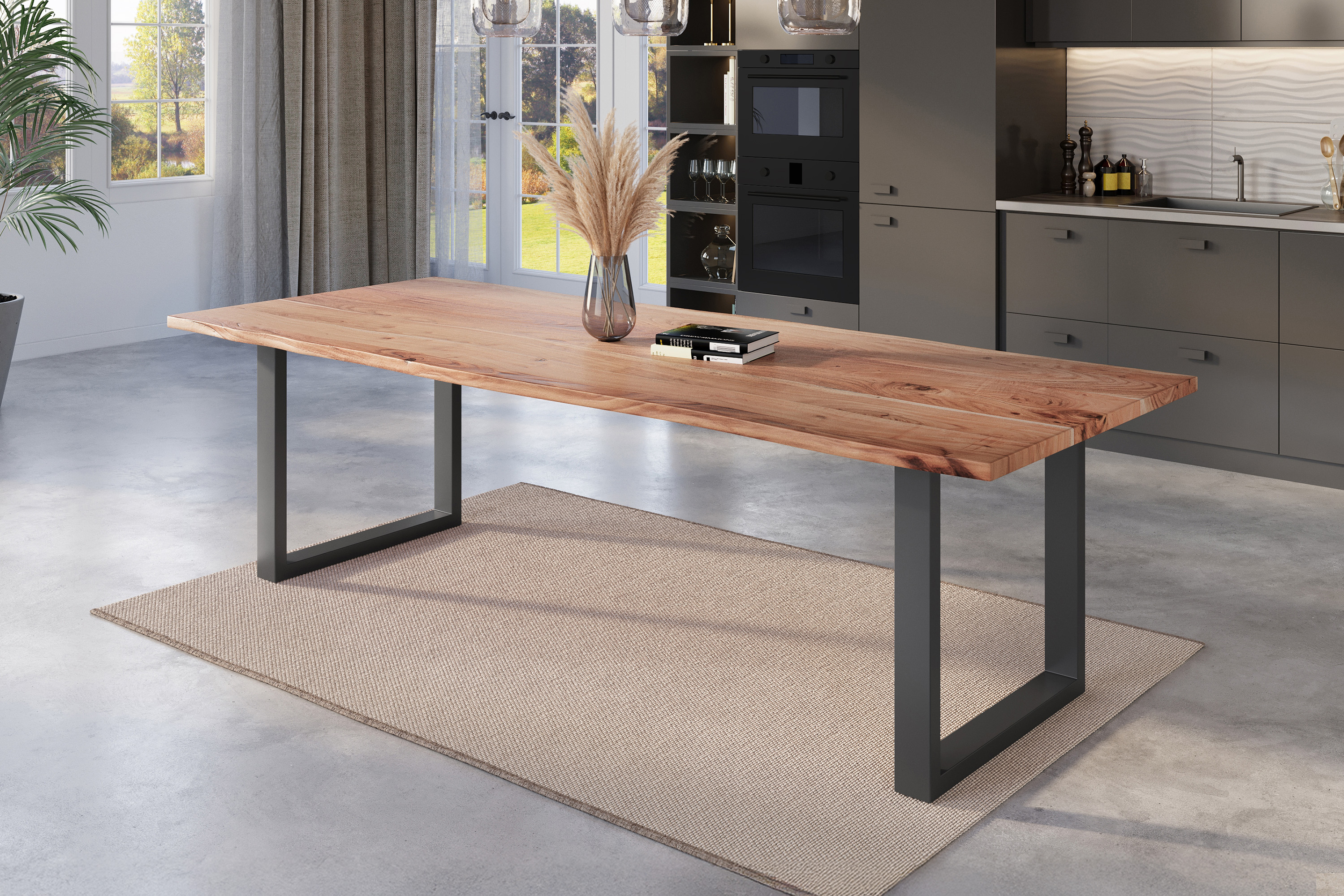 Esstisch Baumkante massiv Akazie natur 300 x 100 U-Gestell schwarz NICK