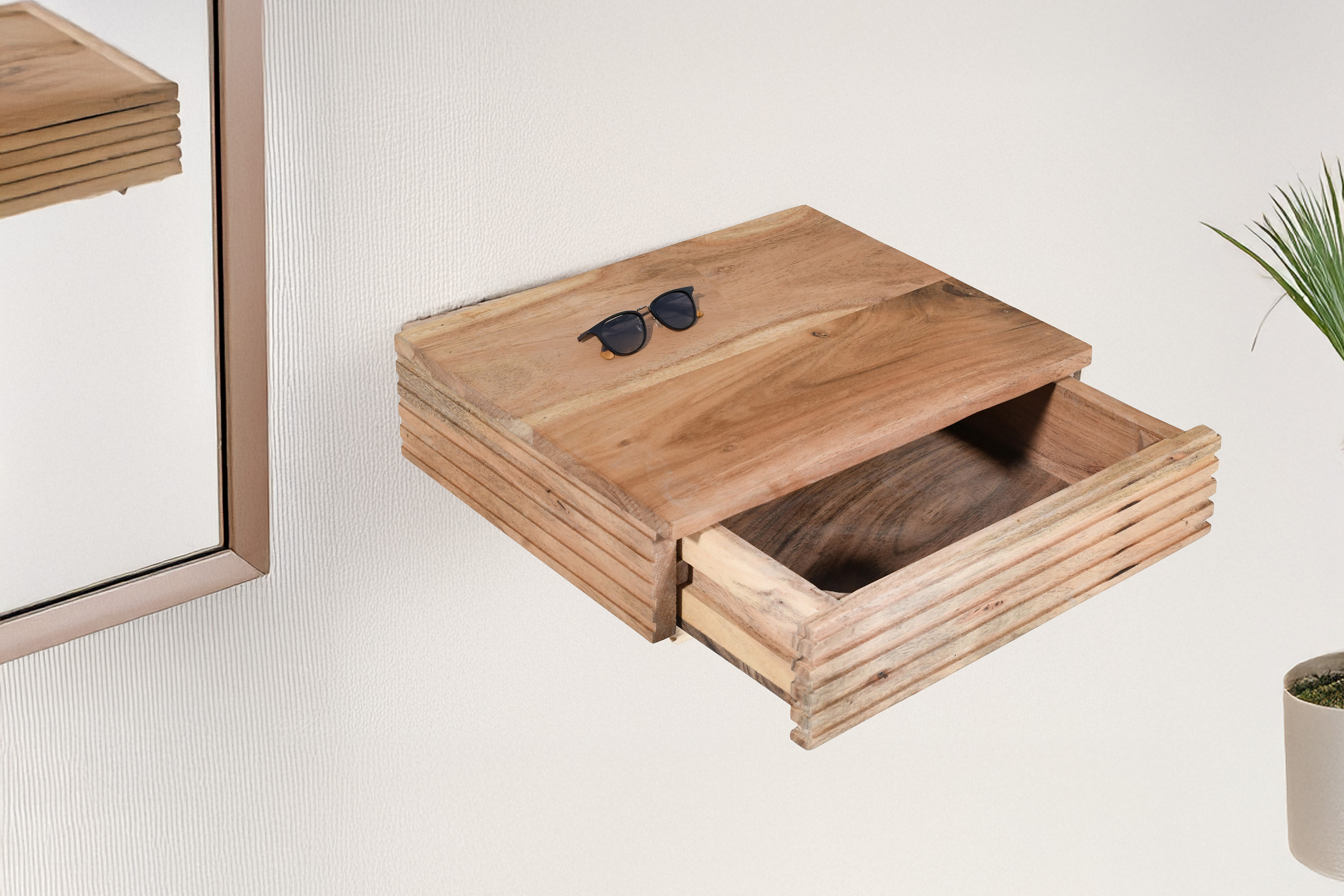 Steckboard mit Baumkante Schubladenregal Akazie massiv natur gerillt 30 x 25 x 8 cm LEONA