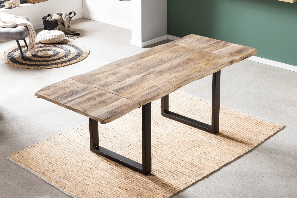 Esstisch Baumkante Mango natur 220 (320) x 100 cm Ansteckplatten schwarz NOAR