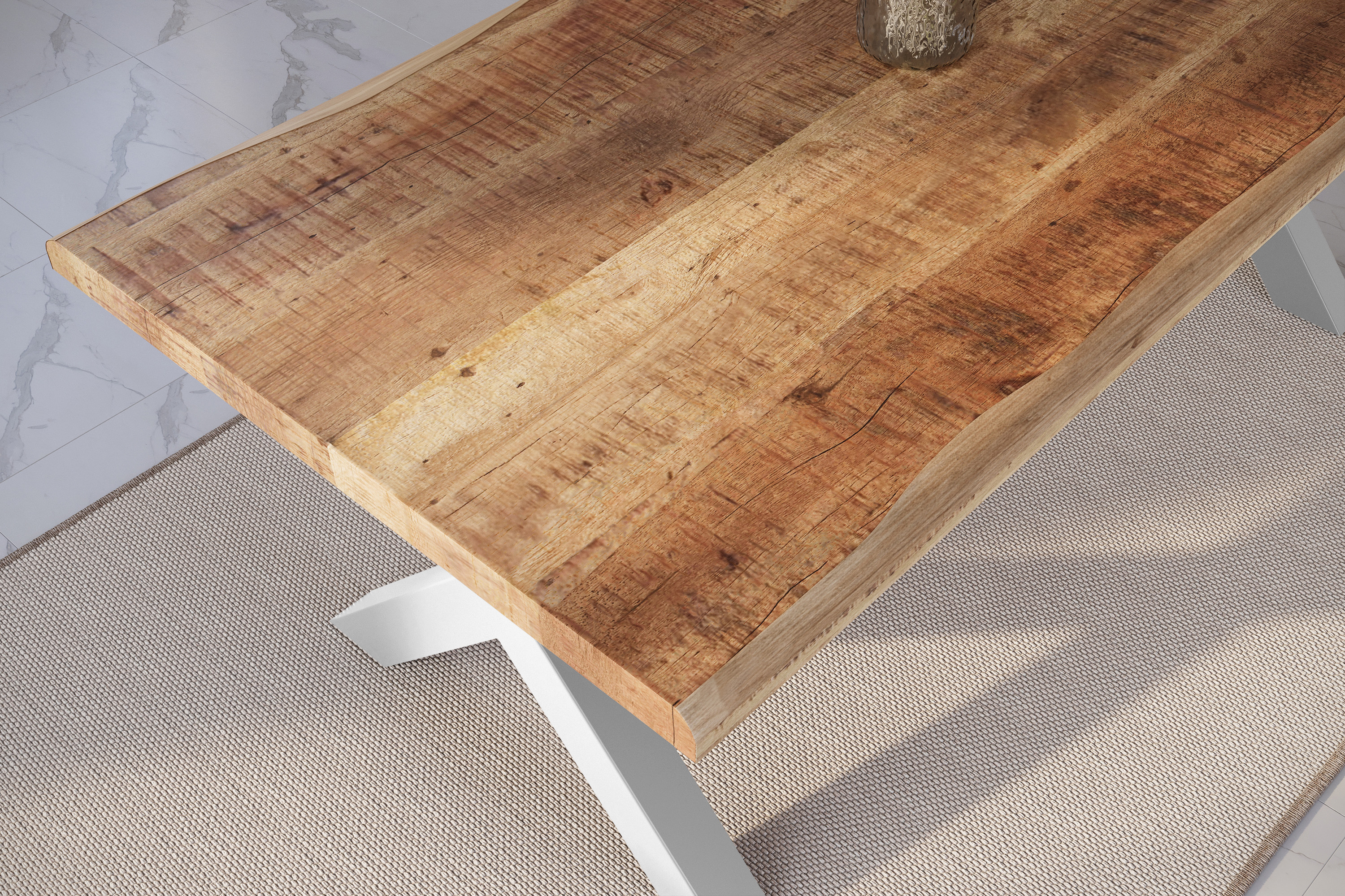 Esstisch Baumkante massiv Mango rough 220 x 100 X-Gestell silber ATLAS