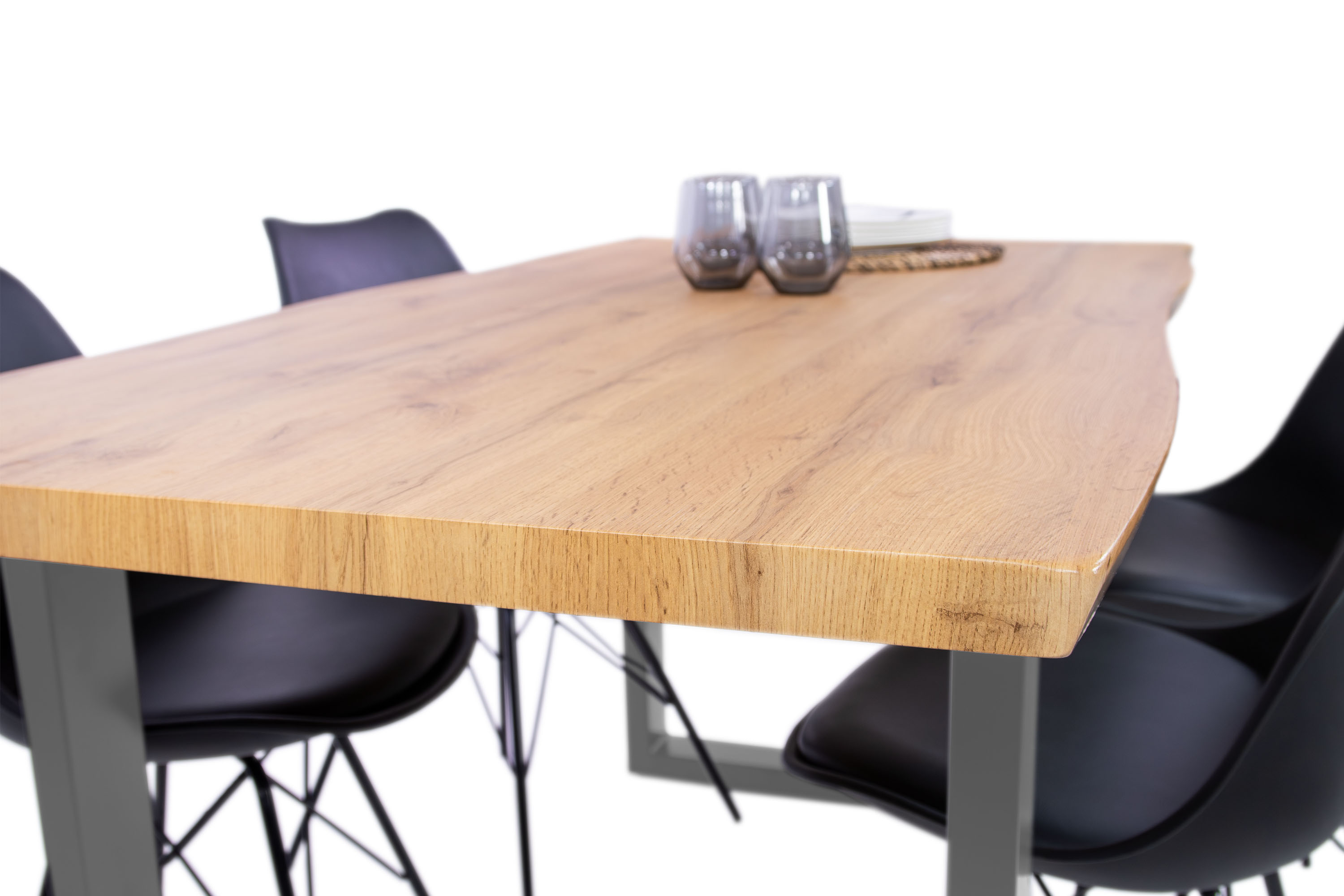 Esstisch Baumkante Holz-Optik Wildeiche 160 x 85 U-Gestell silber JOSY