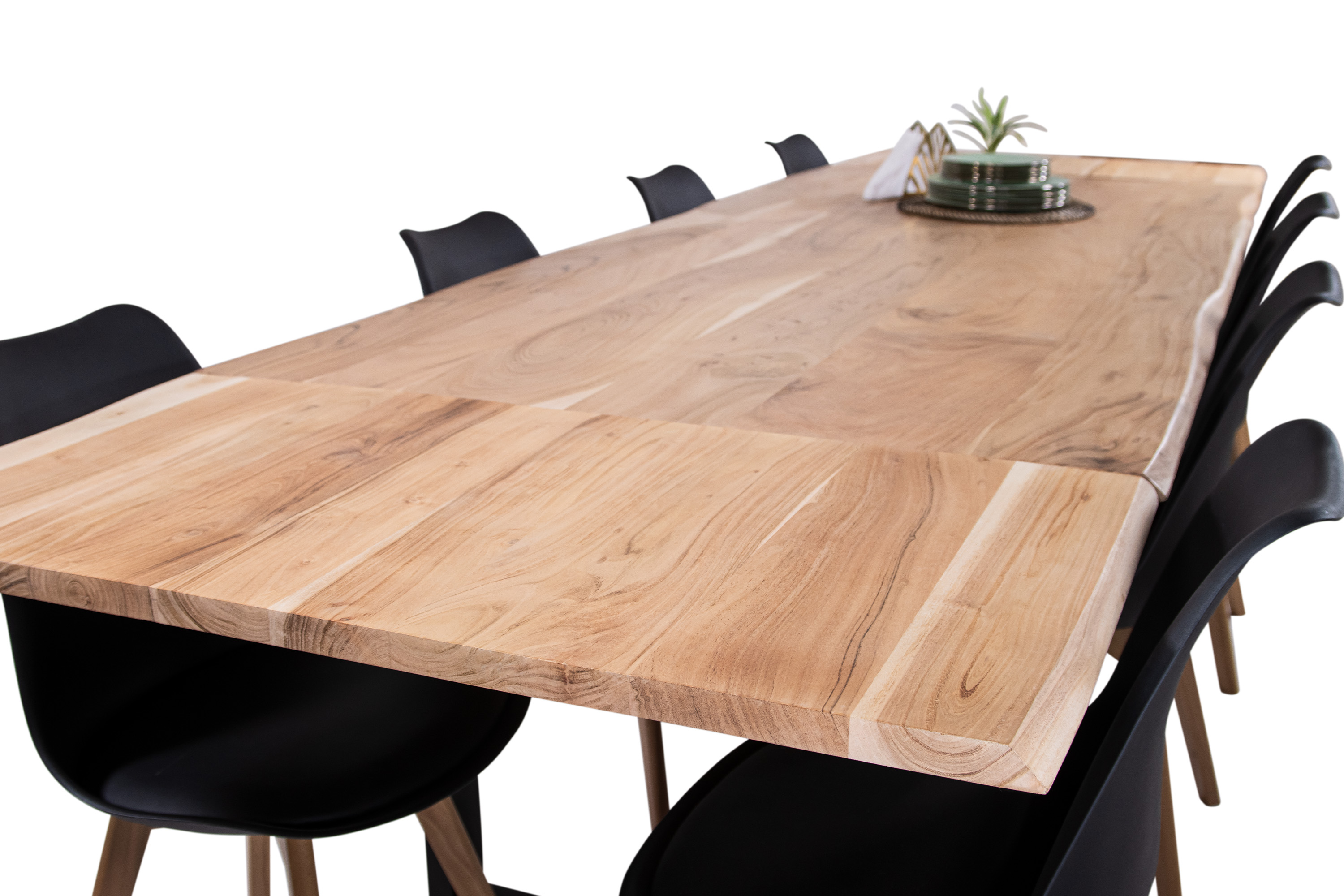 Esstisch Baumkante Akazie natur 200(300)x100 Ansteckplatten U-Gestell schwarz AVINO
