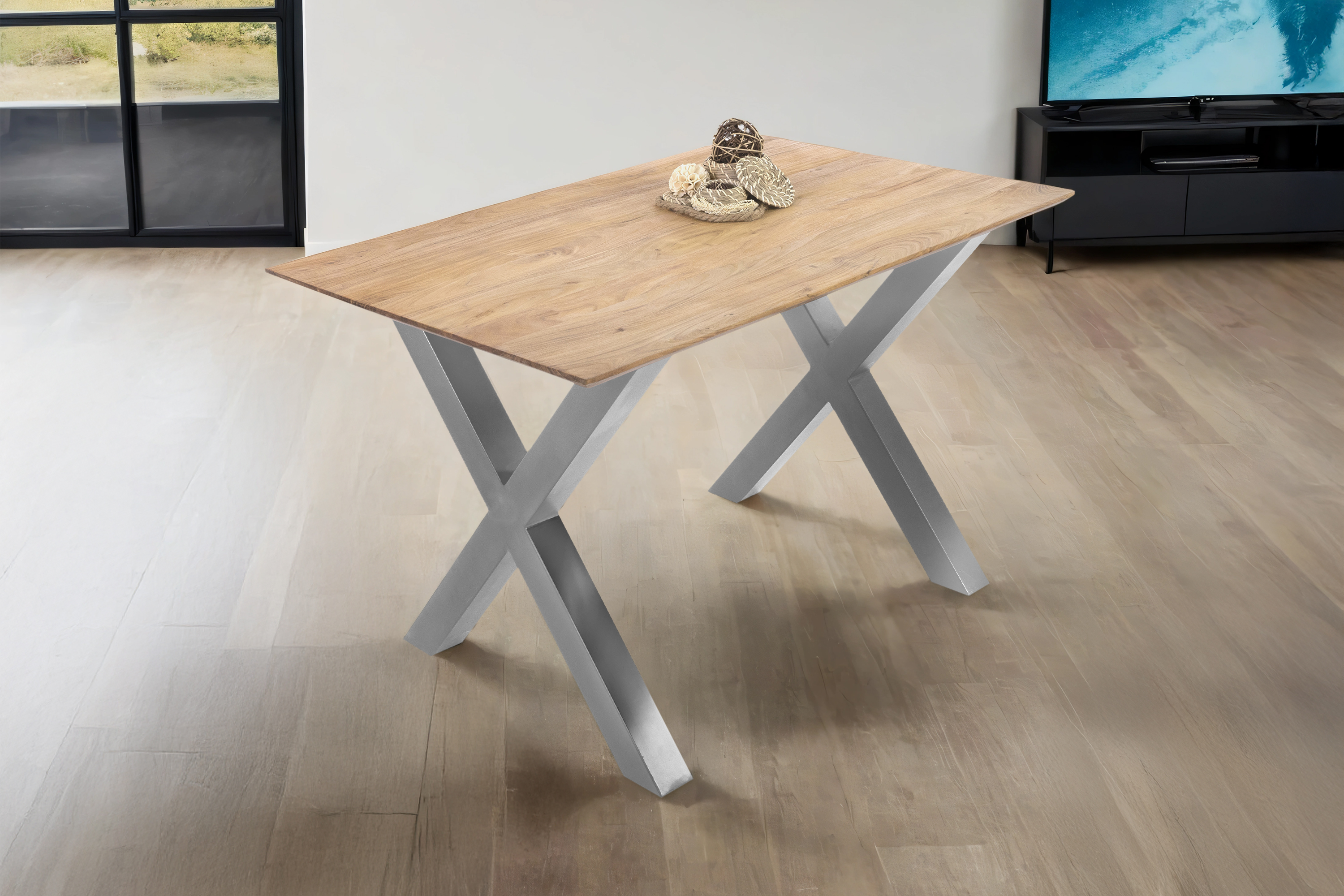 Esstisch 160x85cm Akazie massiv eichenfarben schweizer Kante X-Gestell silber DEAN