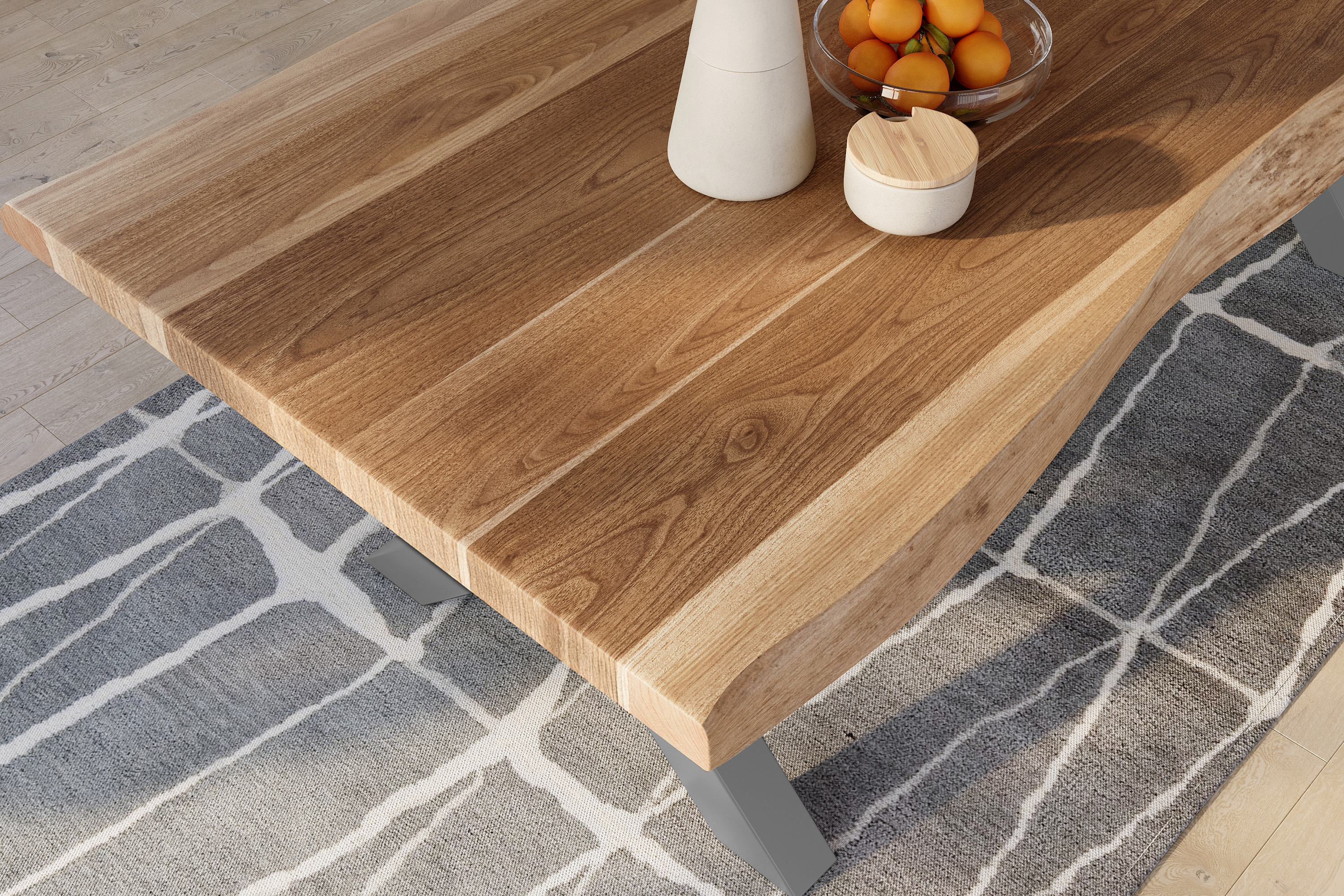Esstisch Baumkante massiv Akazie natur 240 x 120 X-Gestell Metall silber TITAN