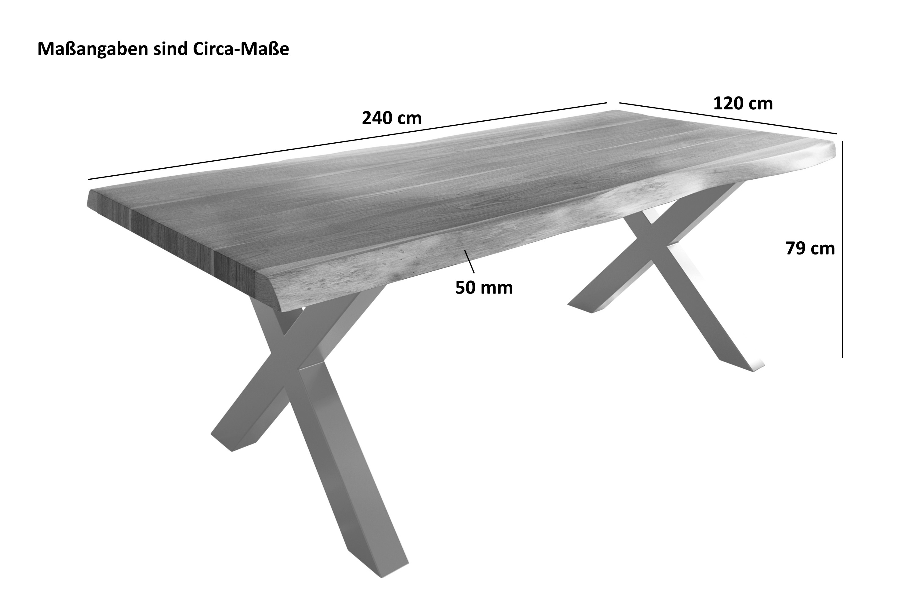 Esstisch Baumkante massiv Akazie nussbaumfarben 240 x 120 X-Gestell Metall silber TITAN