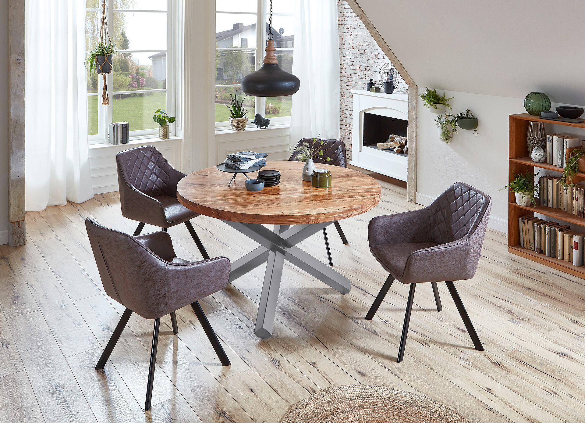  Esszimmertisch rund 120 cm Akazienholz Natur Silber RUNA