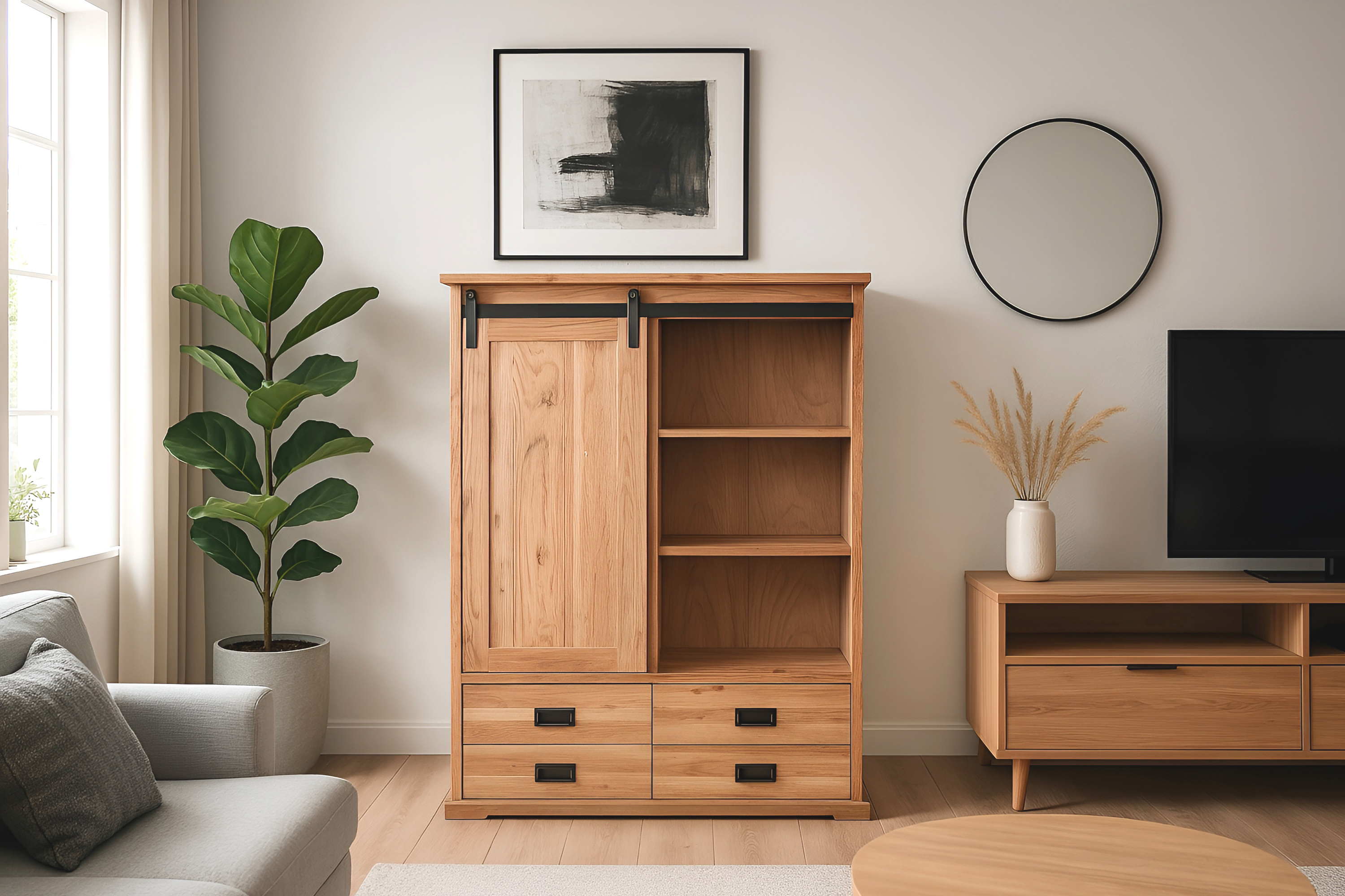 Highboard 90 x 45 x 150 cm Akazienholz massiv naturfarben ohne Baumkante LIAN 2