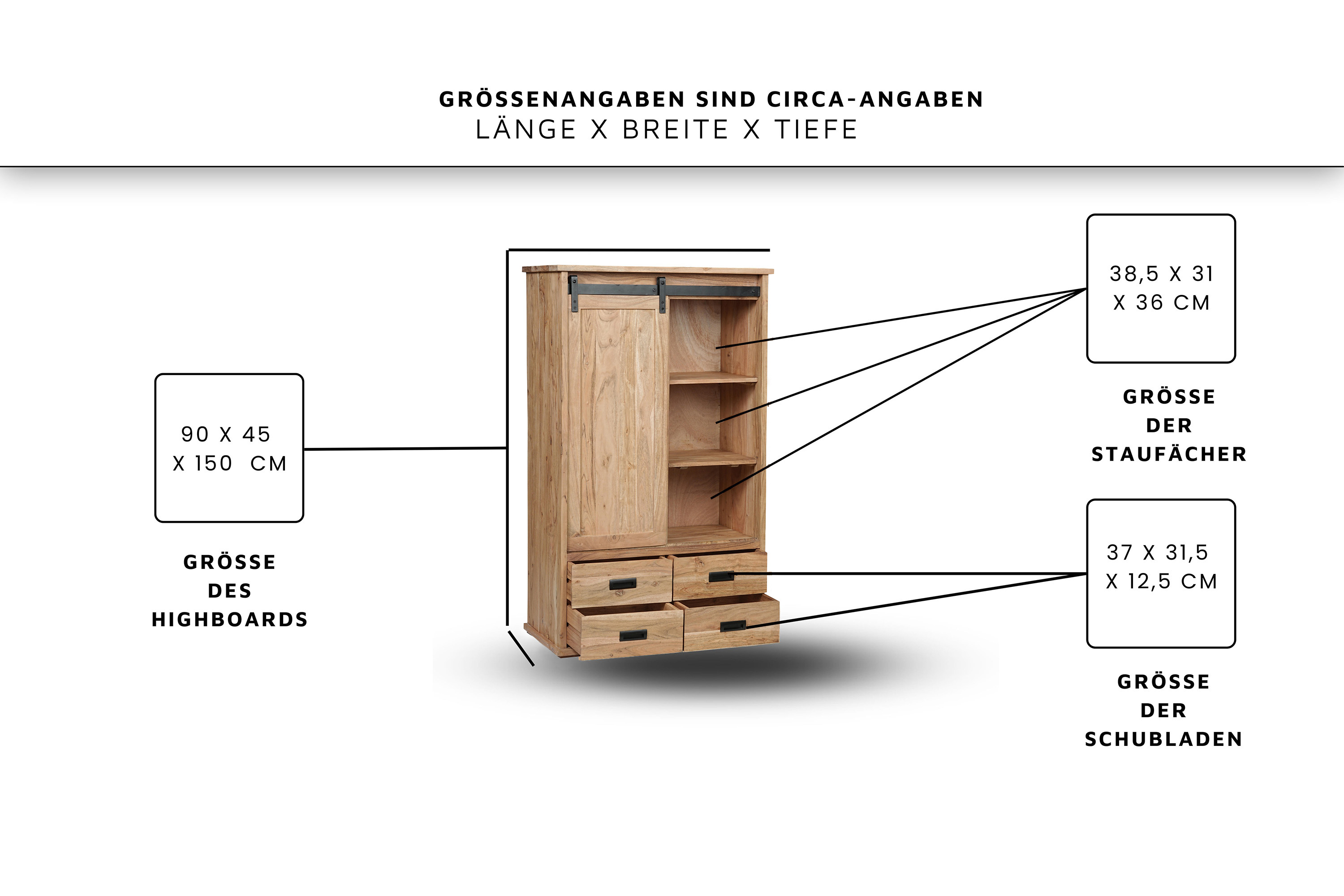 Highboard 90 x 45 x 150 cm Akazienholz massiv naturfarben ohne Baumkante LIAN 2
