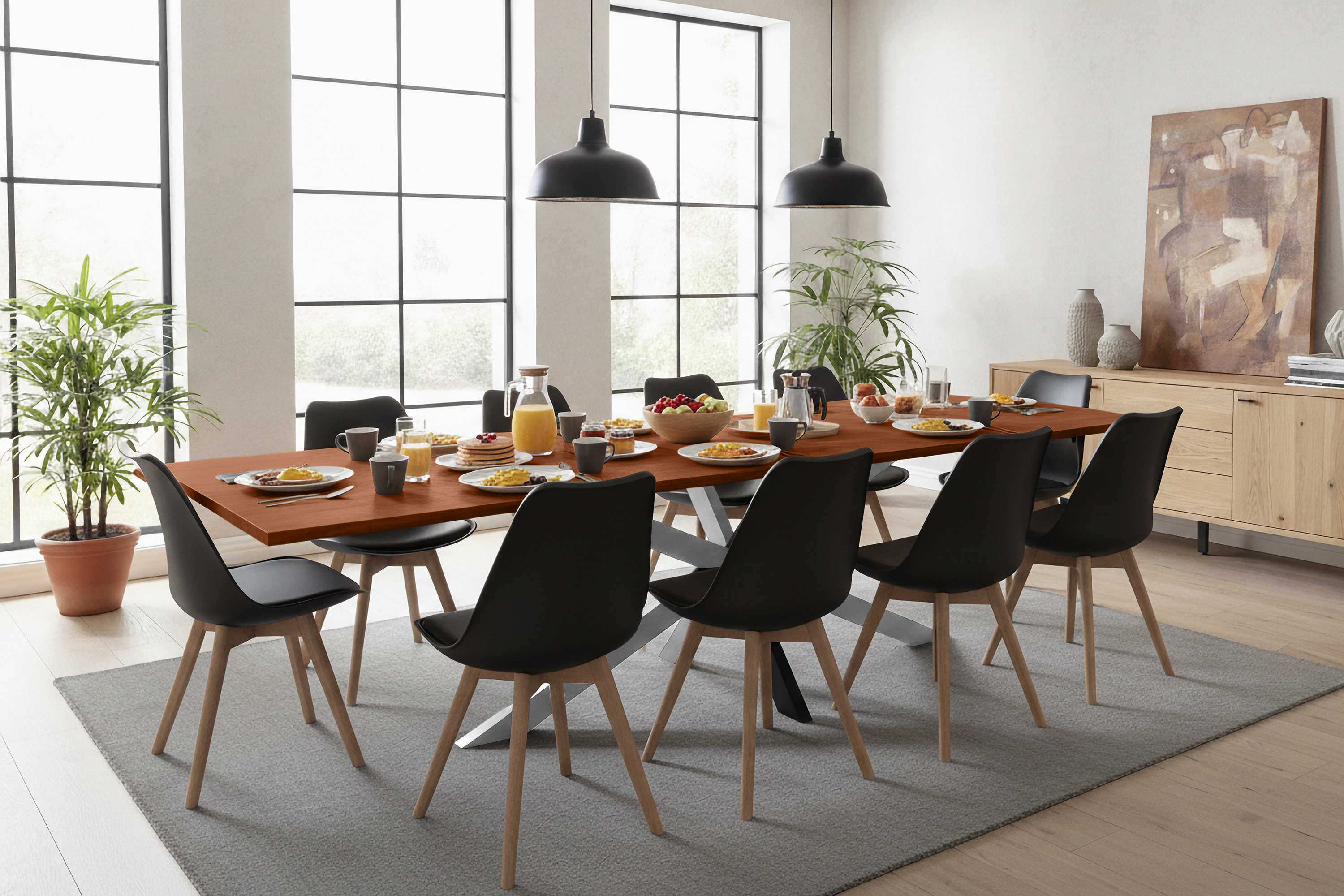 Esstisch Baumkante Akazie nuss 200(300)x100 Ansteckplatten Spider-Gestell silber AVINO