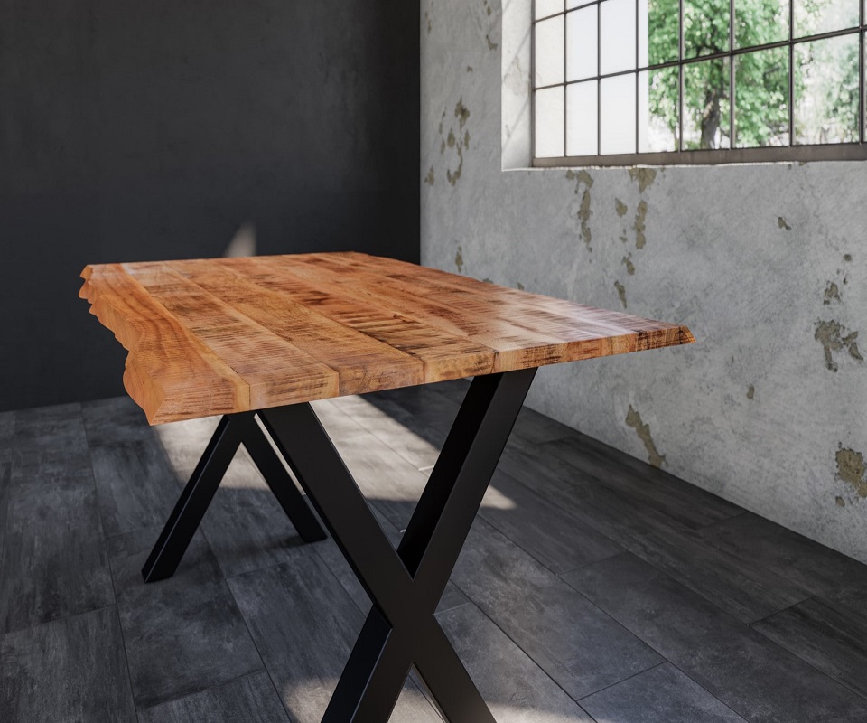 Essgruppe 160 cm Mango naturfarben X-Gestell schwarz mit 6 Stühlen DORA