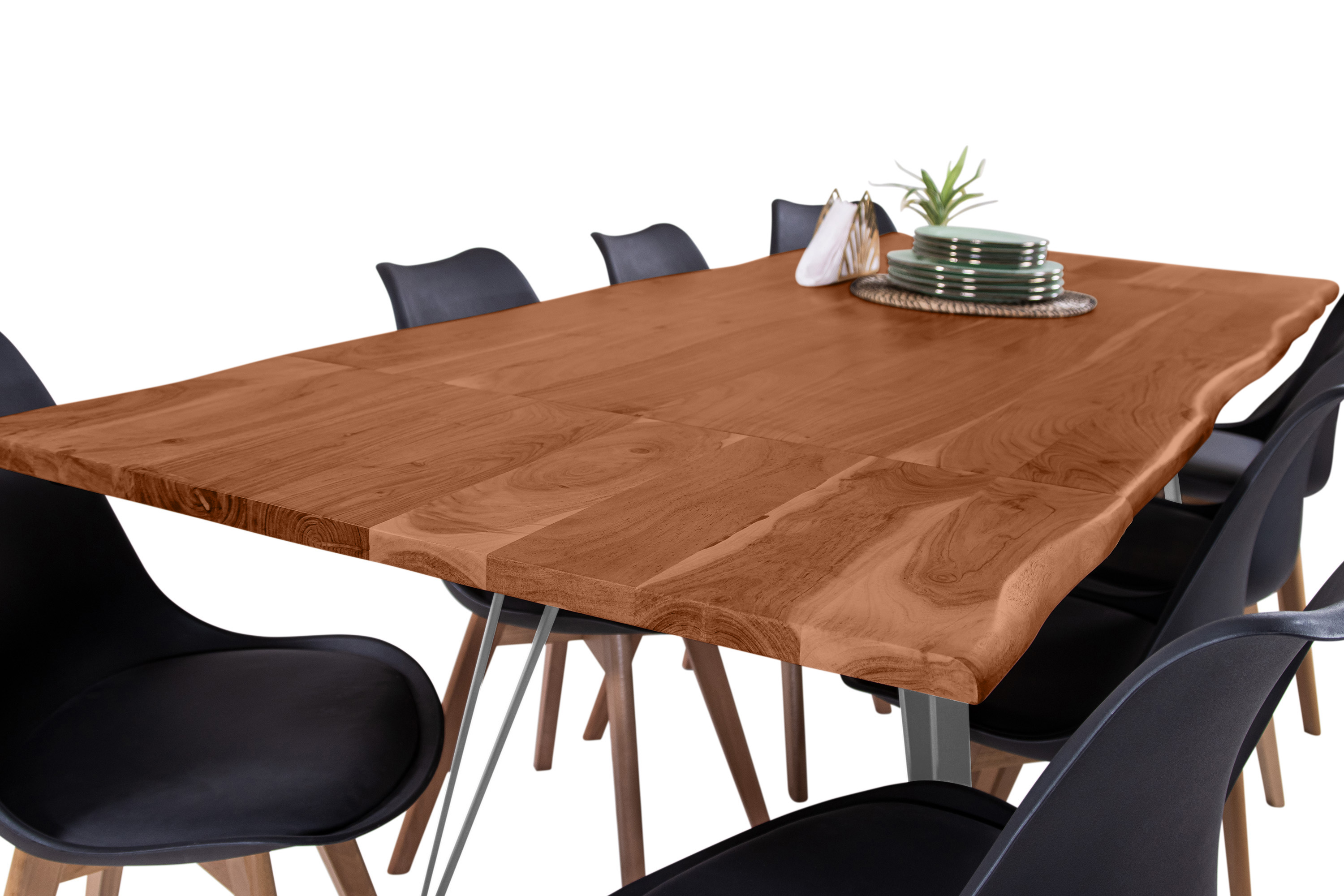 Esstisch Baumkante Akazie nuss 160(260)x90 Ansteckplatten Vierfuß-Gestell silber AVINO