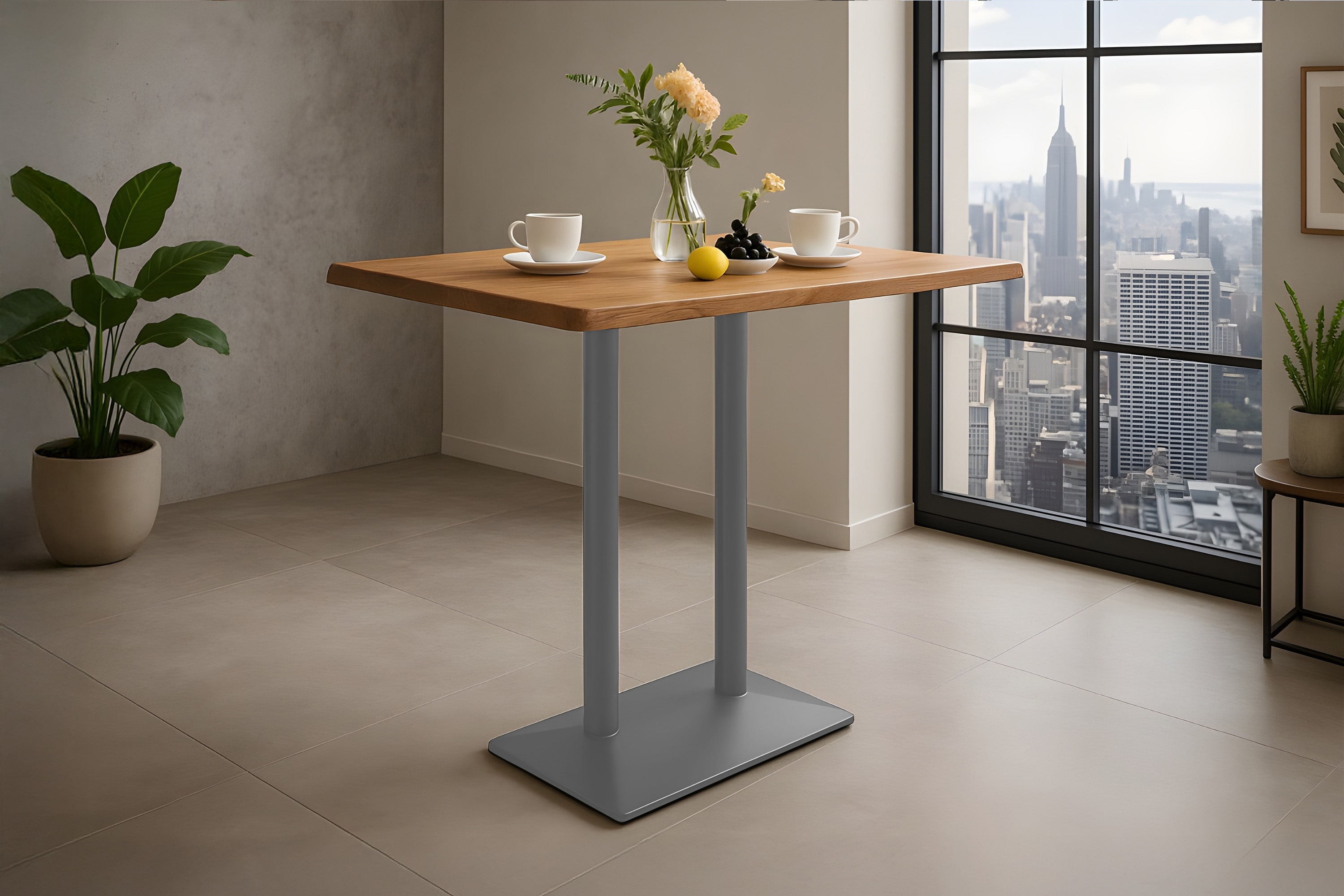 Bistrotisch Baumkante massiv 100 x 60 cm Akazie naturfarben silber Doppelsäulengestell IAN
