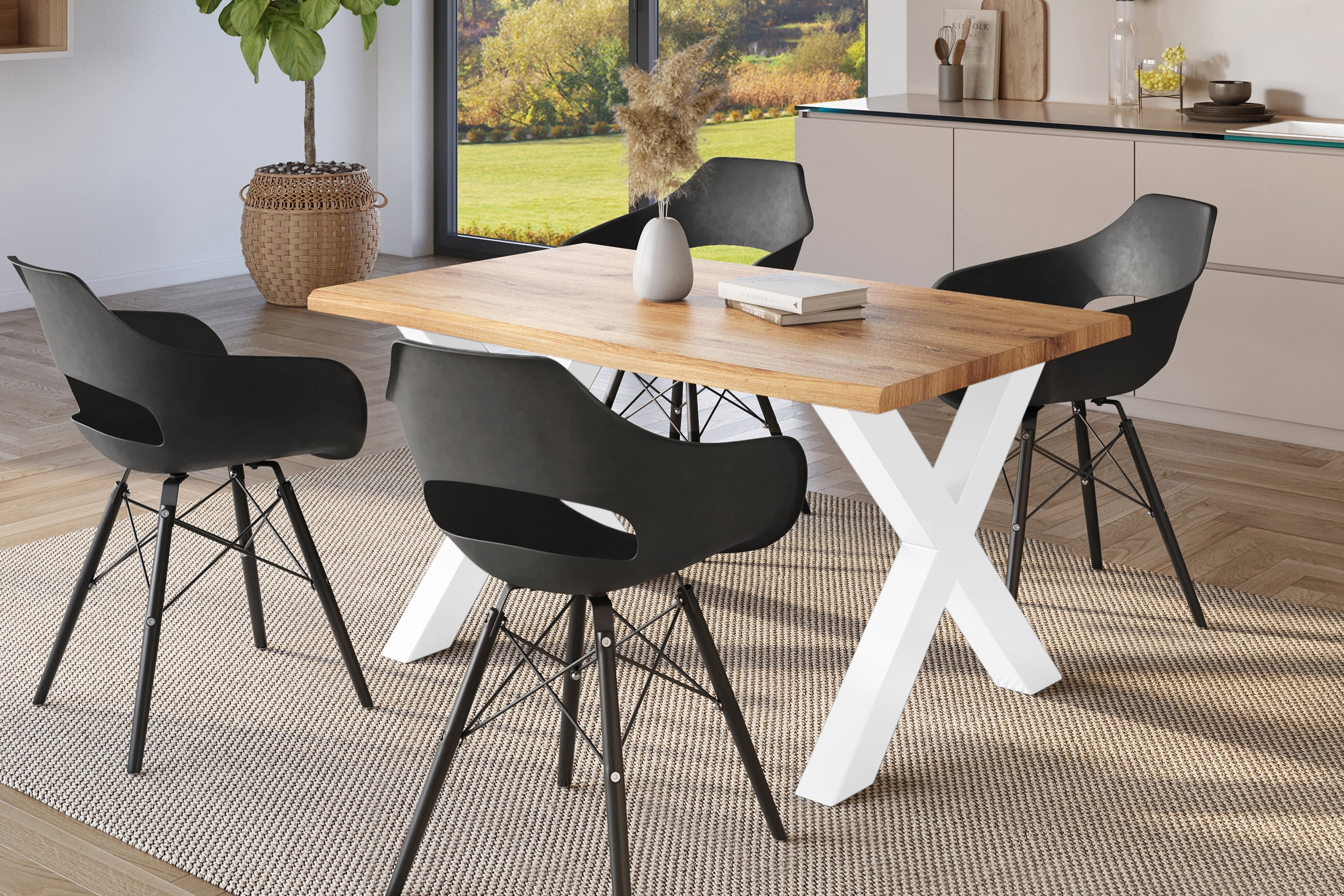Esstisch Baumkante Holz-Optik Wildeiche 120 x 80 X-Gestell weiß JULIUS