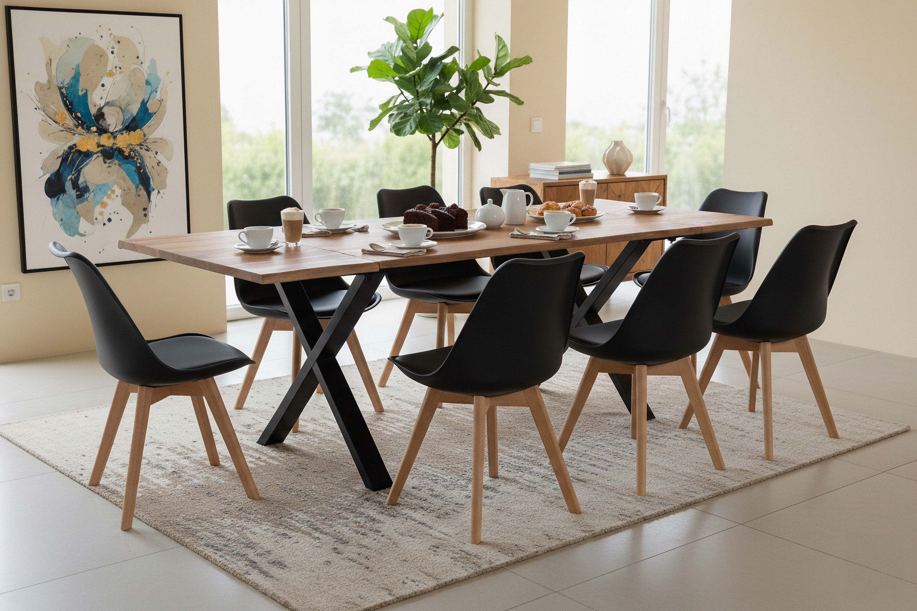 Esstisch Baumkante Akazie natur 140(220)x90 Ansteckplatten X-Gestell schwarz AVINO