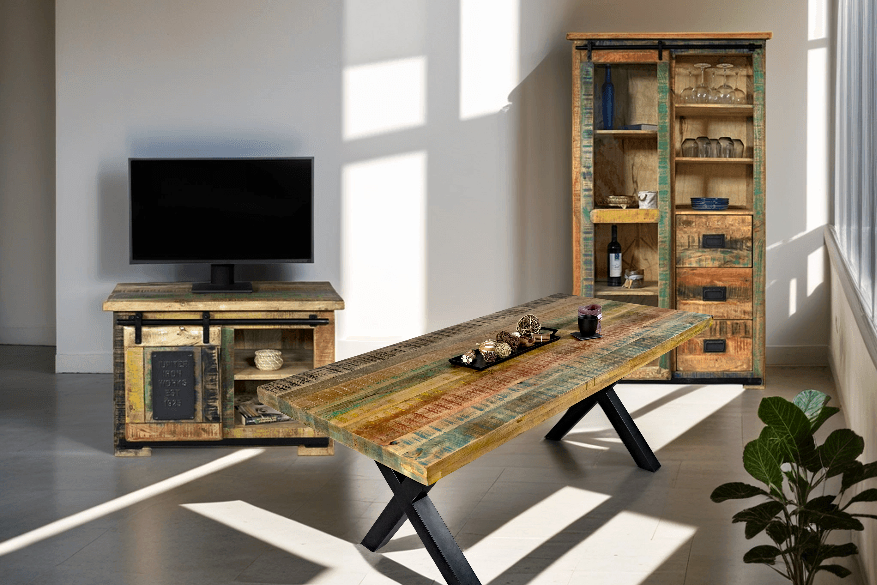 Esstisch Mango massiv vielfarbig gerade Kanten X-Gestell schwarz 160 x 85 cm LIBRO