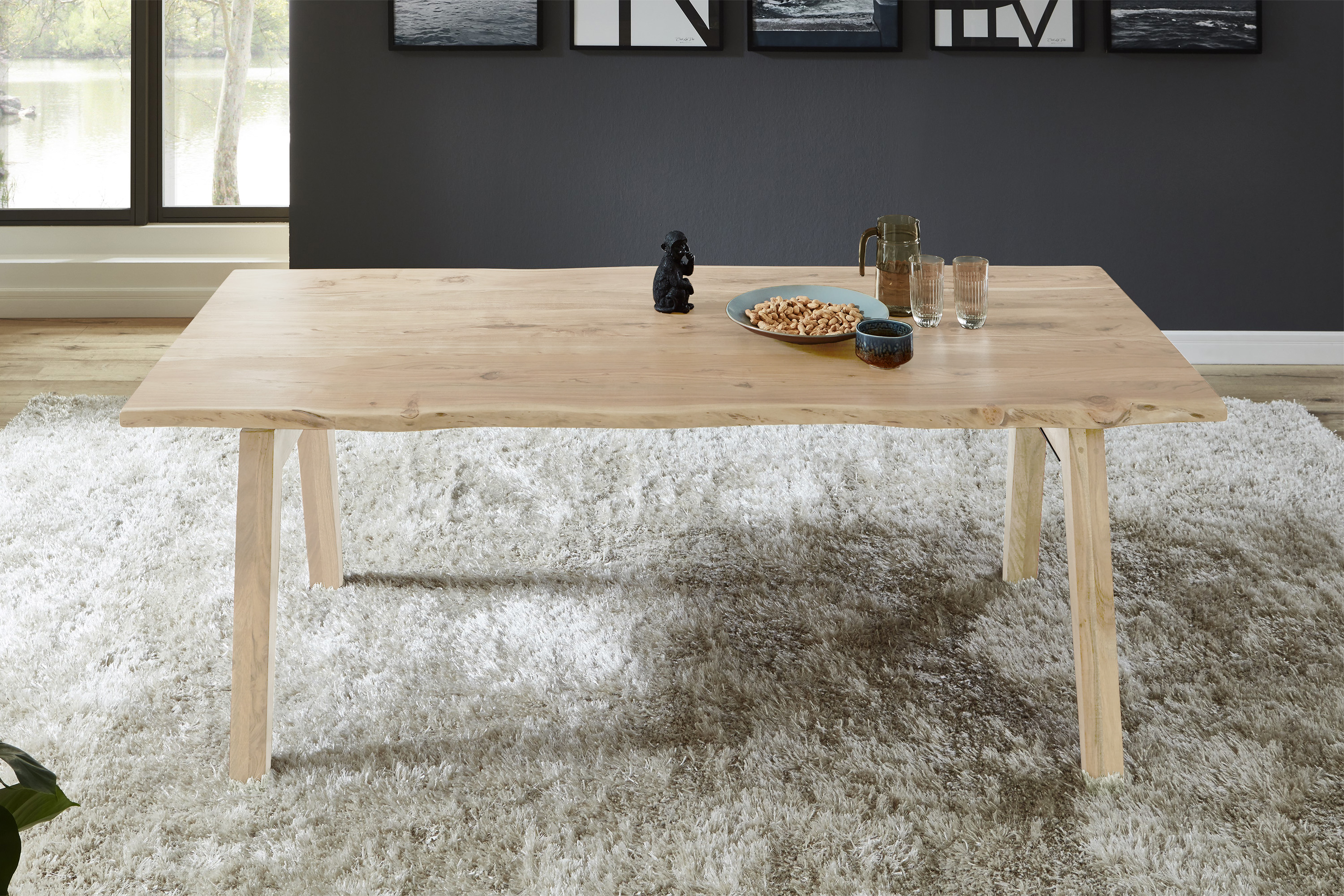Esstisch Baumkante massiv Akazie natur 200 x 100 A-Holzgestell naturfarben NELE