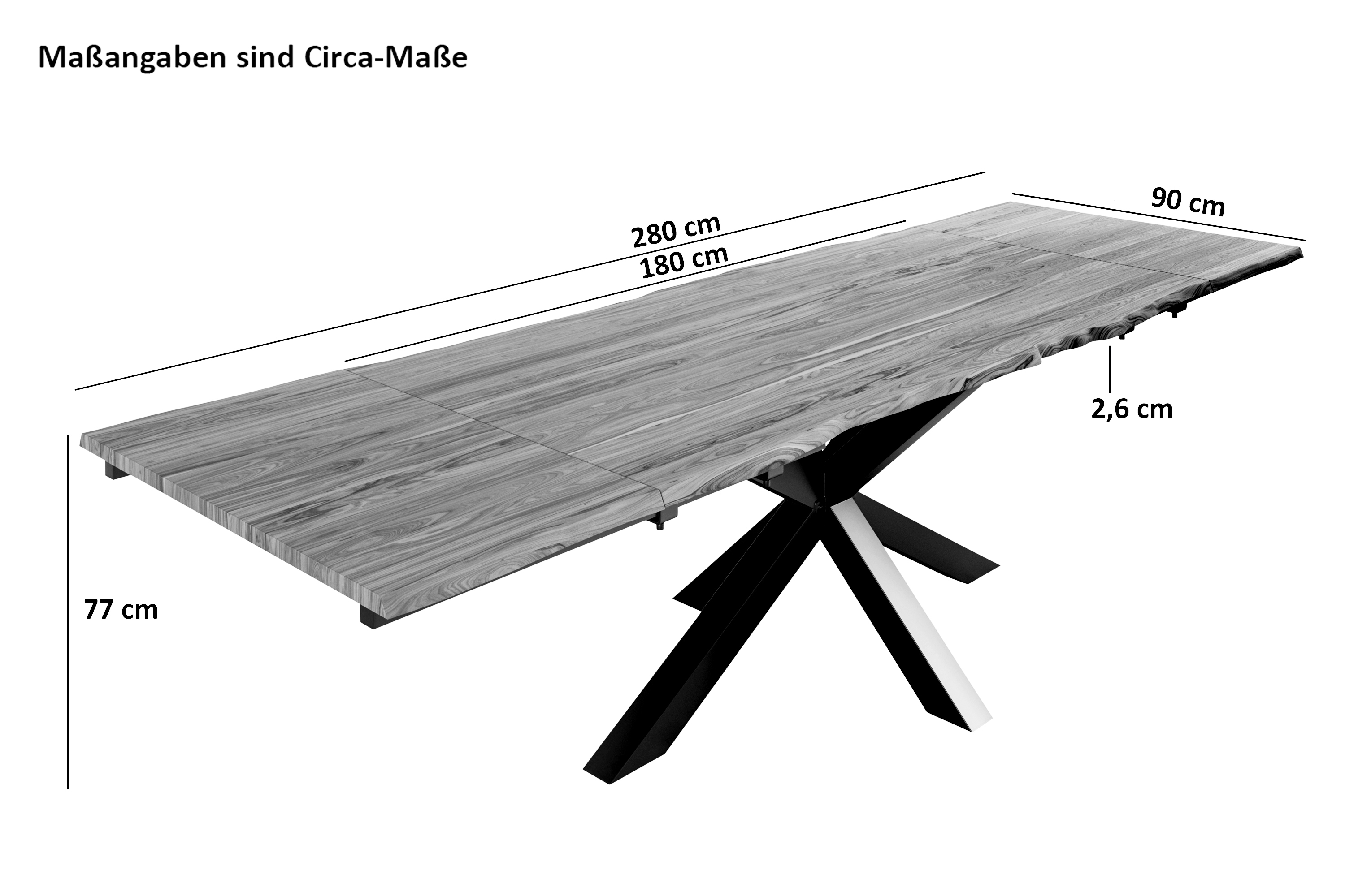 Baumkantentisch Akazie stonefarben 180(280)x90 cm Ansteckplatten Spider-Gestell schwarz JANNIK Baumkantentisch Akazie stonefarben 180(280)x90 cm Ansteckplatten Spider-Gestell schwarz JANNIK