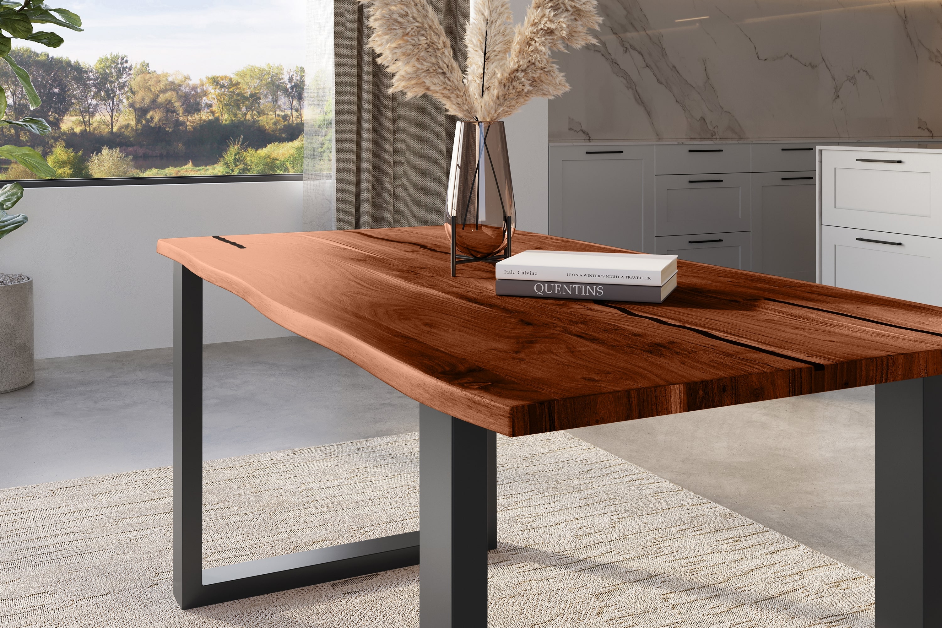 Baumkantentisch Akazie mit schwarzen Resin-Adern nussbaumfarben 160 x 85 cm U-Gestell schwarz POLLY