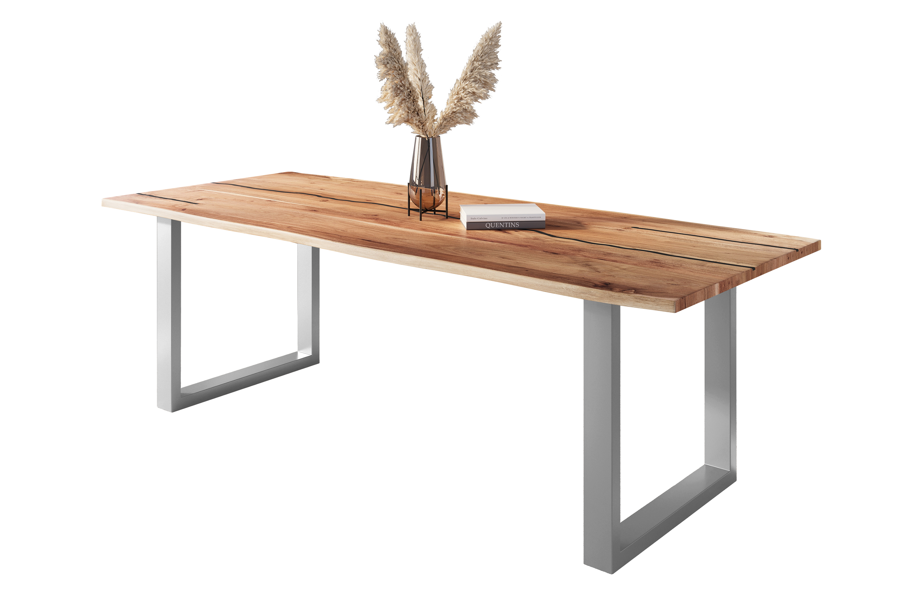 Baumkantentisch Akazie mit schwarzen Resin-Adern naturfarben 260 x 100 cm U-Gestell silber POLLY