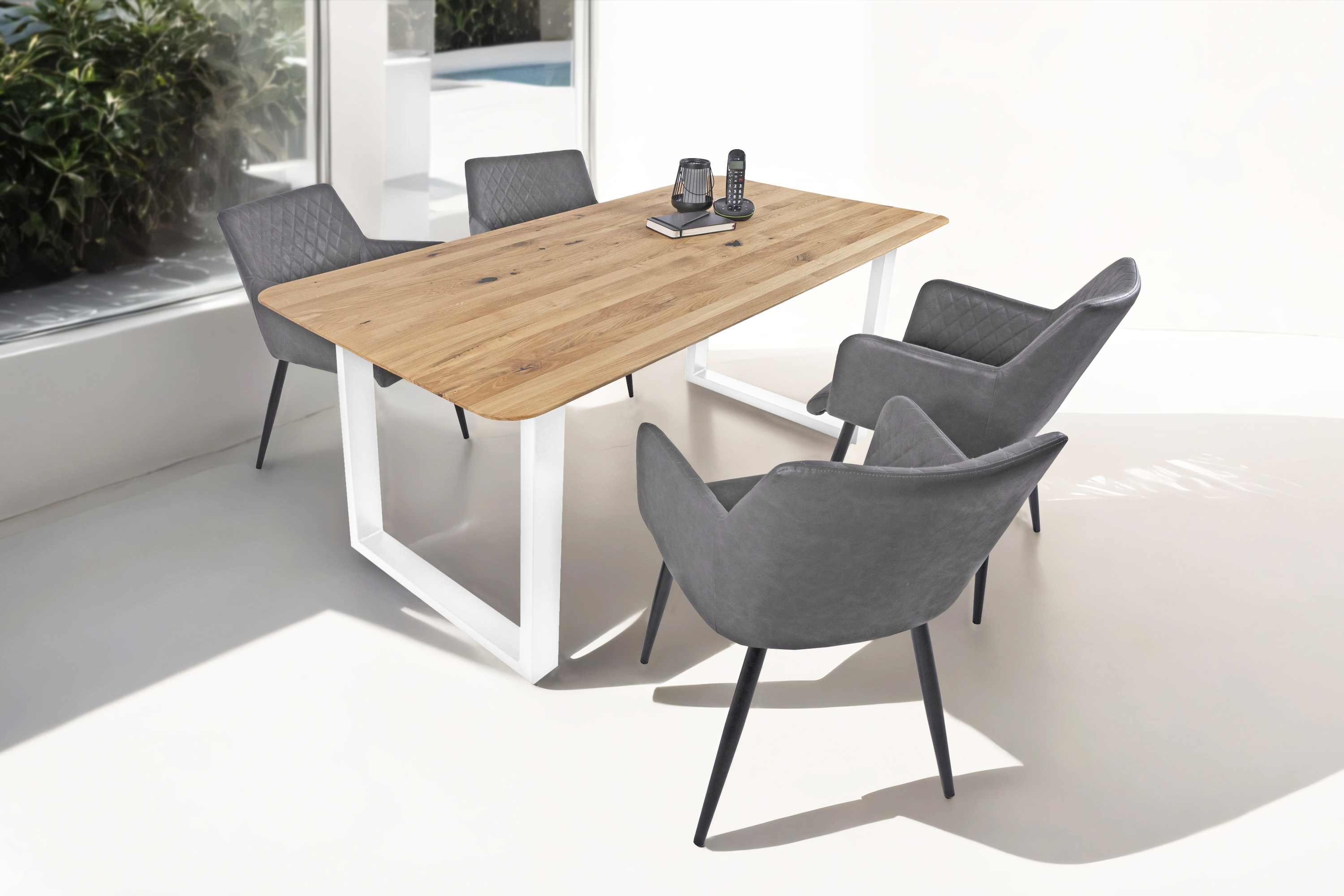 Esszimmertisch Schweizer Kante rund massiv & geölt Eiche 180x90 weiß U-Gestell Lotte