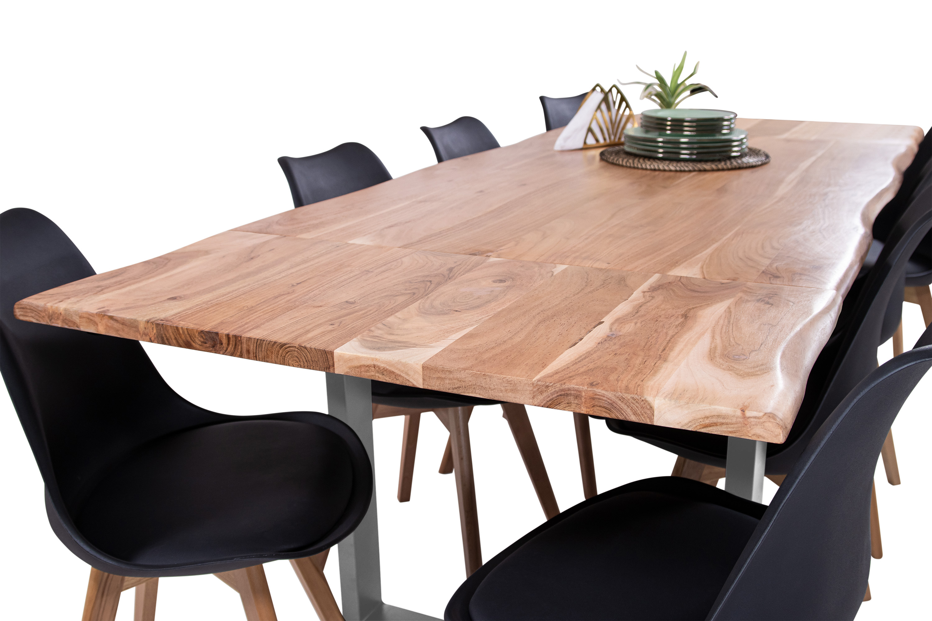 Esstisch Baumkante Akazie natur 140(220)x90 Ansteckplatten U-Gestell silber AVINO