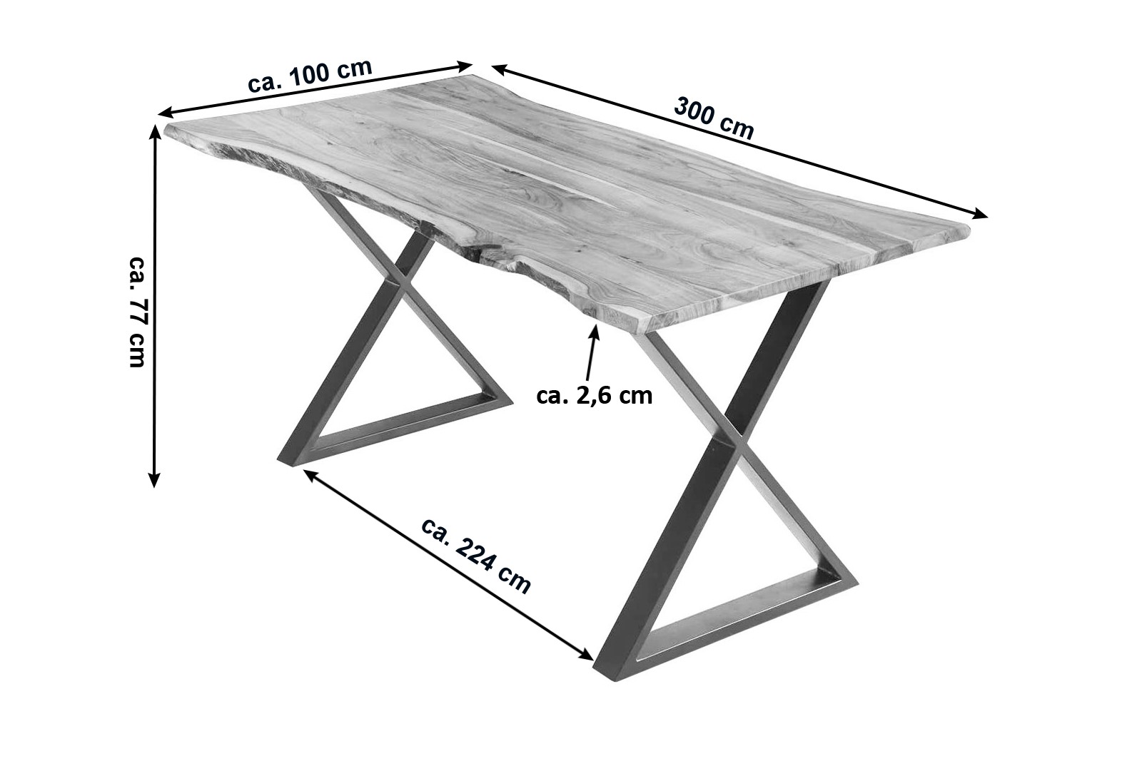 Esstisch Baumkante Akazie naturfarben 300 x 100 cm geschlossenes X-Gestell edelstahlfarben KASIMIR