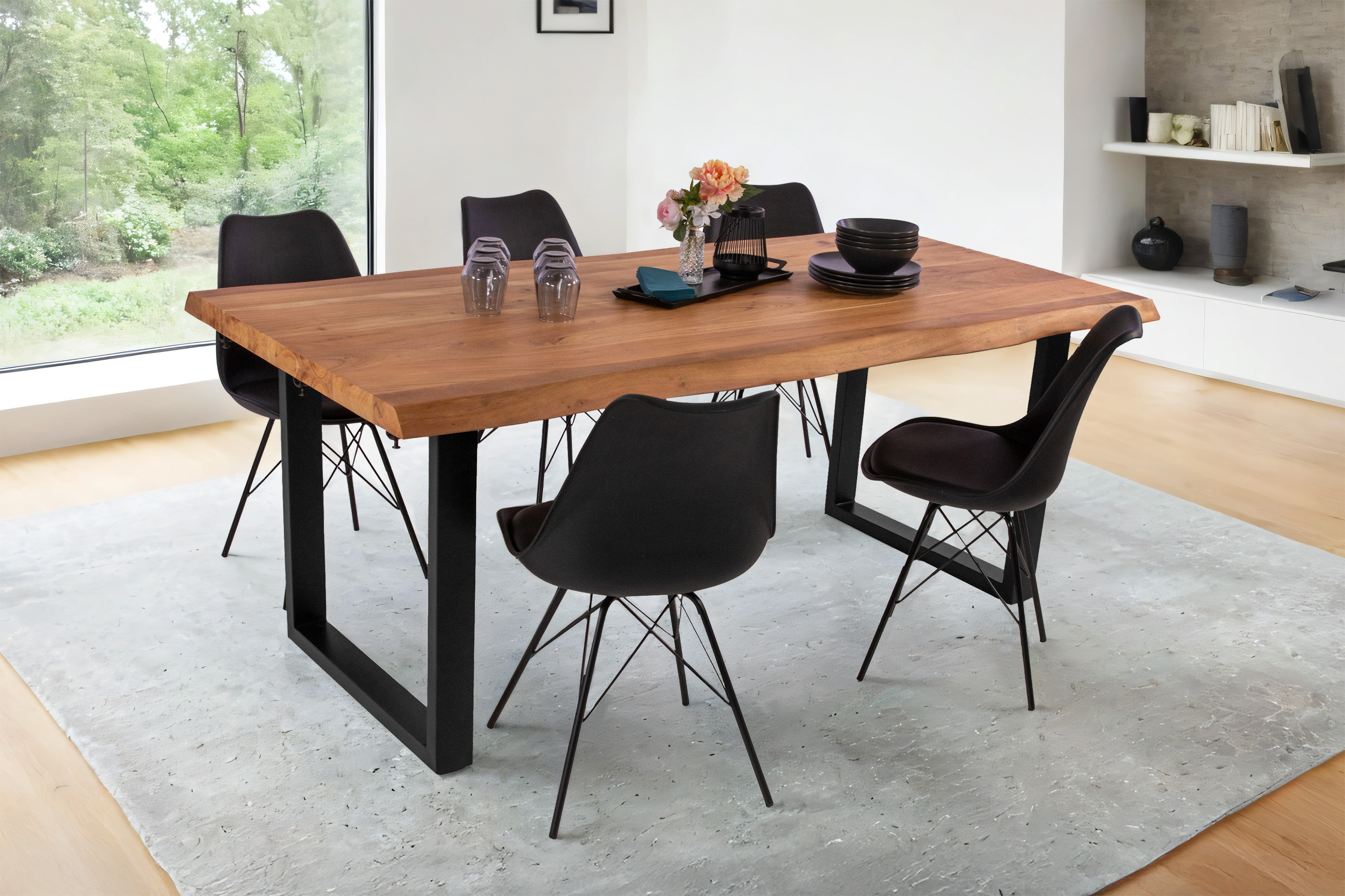 Esstisch Baumkante Akazie natur 140 (220) x 90 cm U-Gestell schwarz mit Ansteckplatten CALI