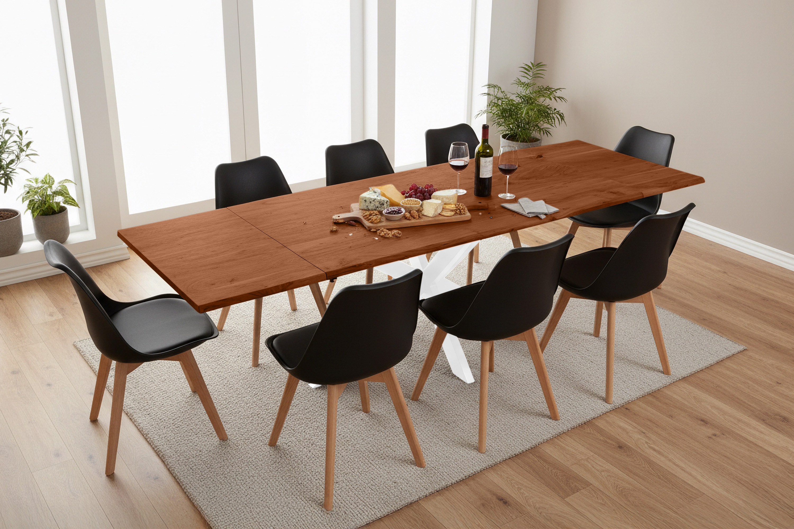 Esstisch Baumkante Akazie nuss 180(280)x90 Ansteckplatten Spider-Gestell weiß AVINO