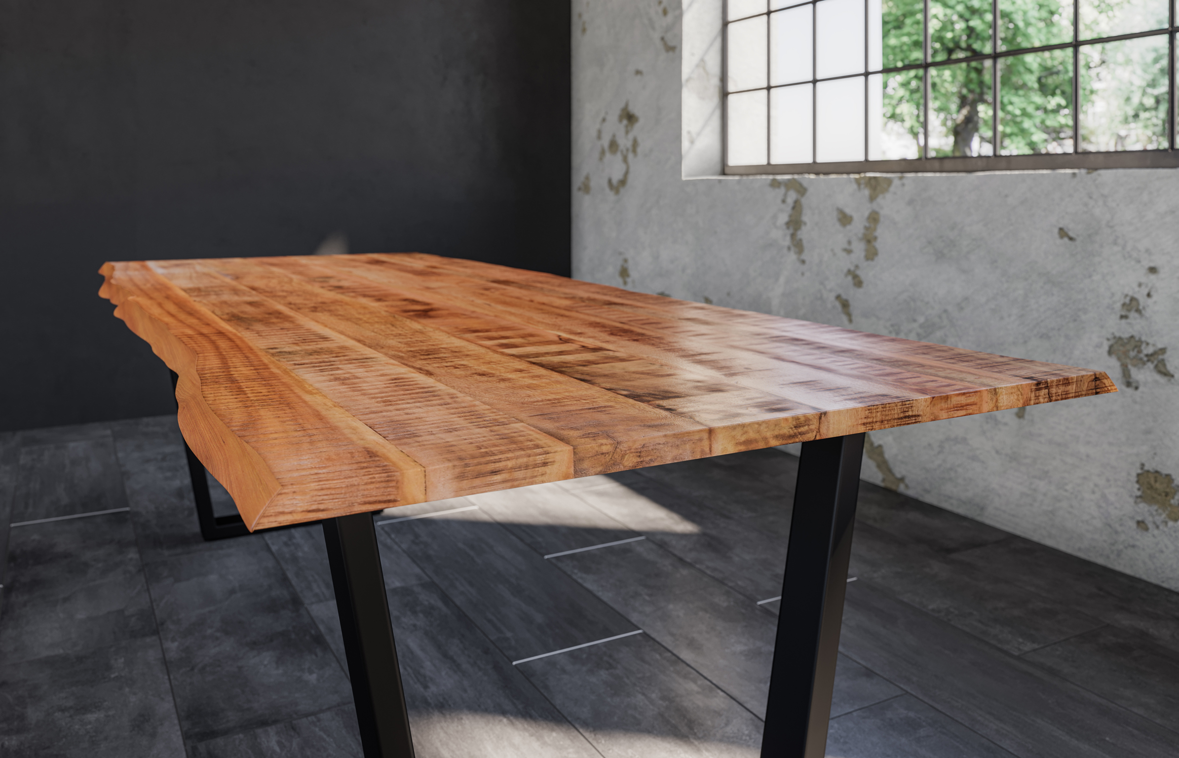 Essgruppe 220 cm Mango naturfarben V-Gestell schwarz mit 6 Stühlen DORA