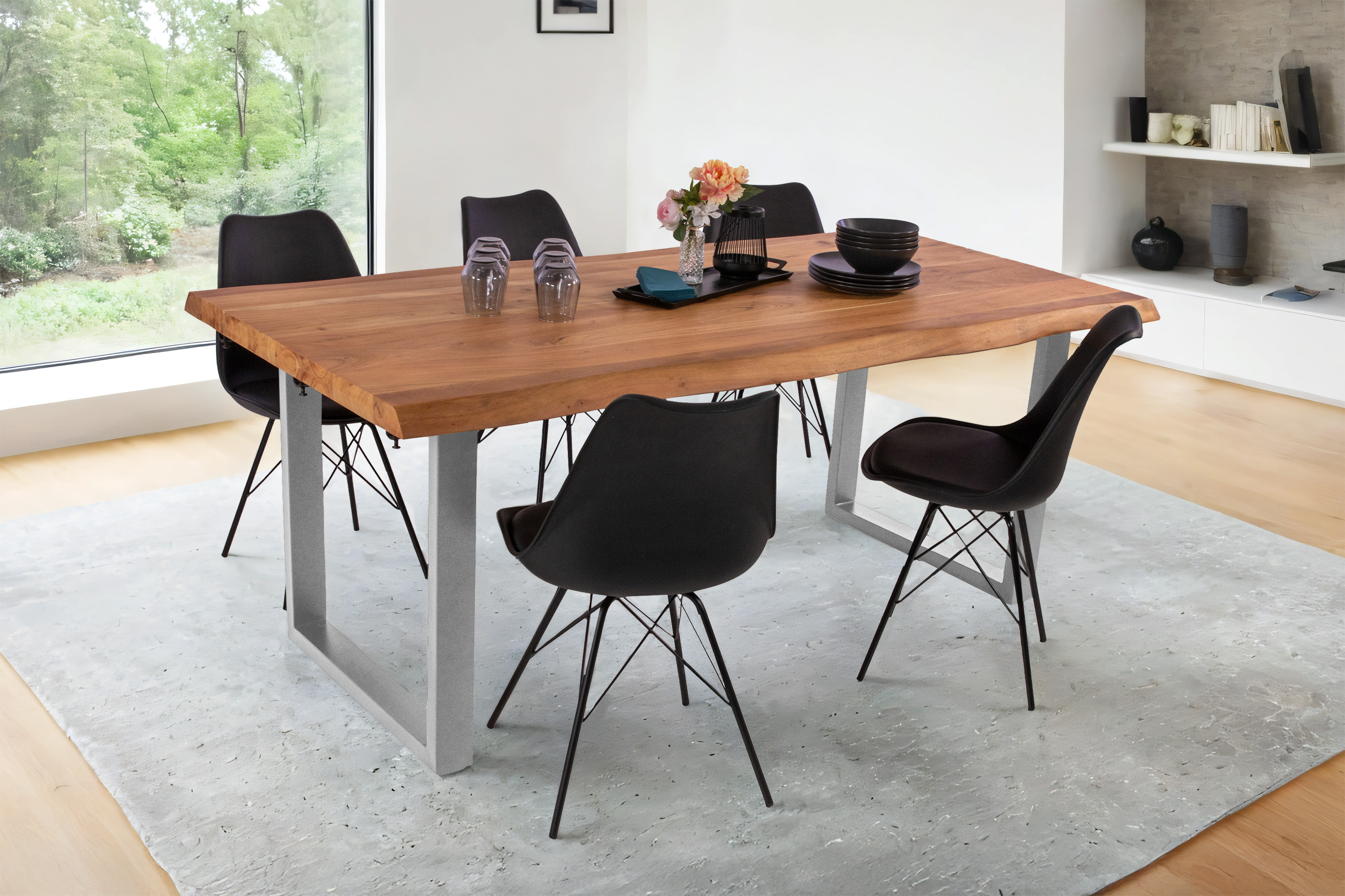 Esstisch Baumkante Akazie natur 140 (220) x 90 cm U-Gestell silber mit Ansteckplatten CALI