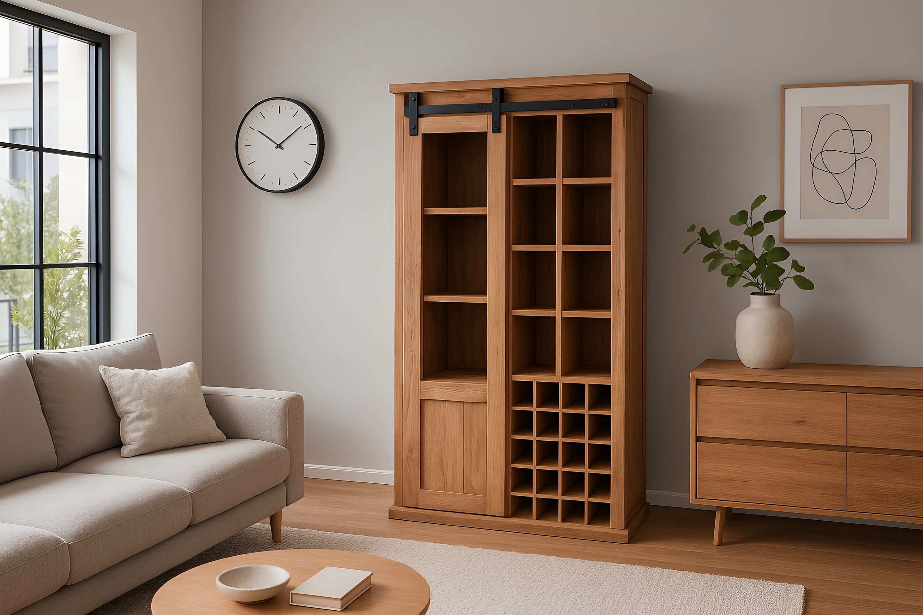 Wein-Highboard 90 x 45 x 180 cm Akazienholz massiv naturfarben ohne Baumkante LIAN 1