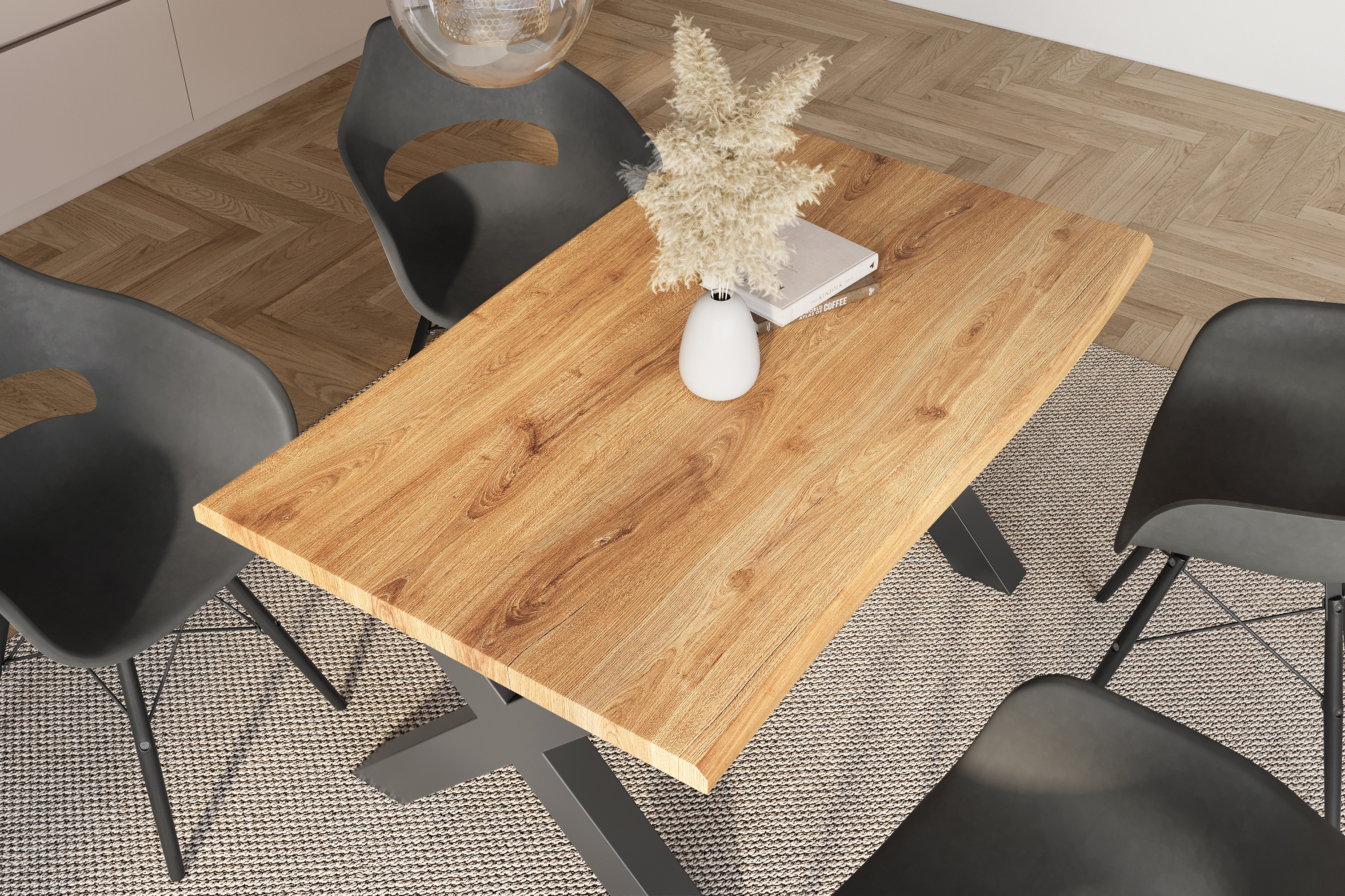 Esstisch Baumkante Holz-Optik Wildeiche 120 x 80 X-Gestell schwarz JULIUS