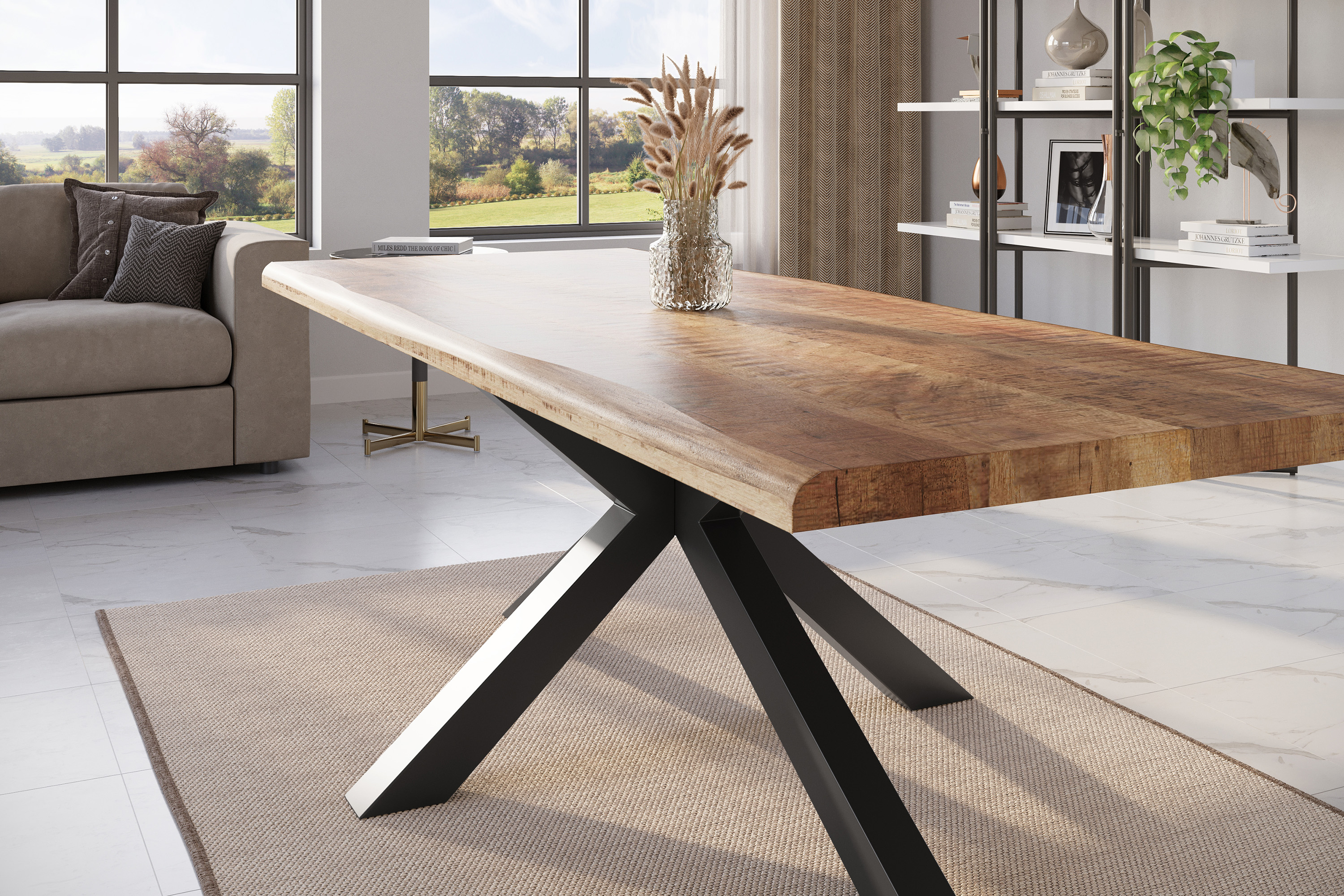 Esstisch Baumkante massiv Mango rough 280 x 100 Spider-Gestell schwarz ATLAS