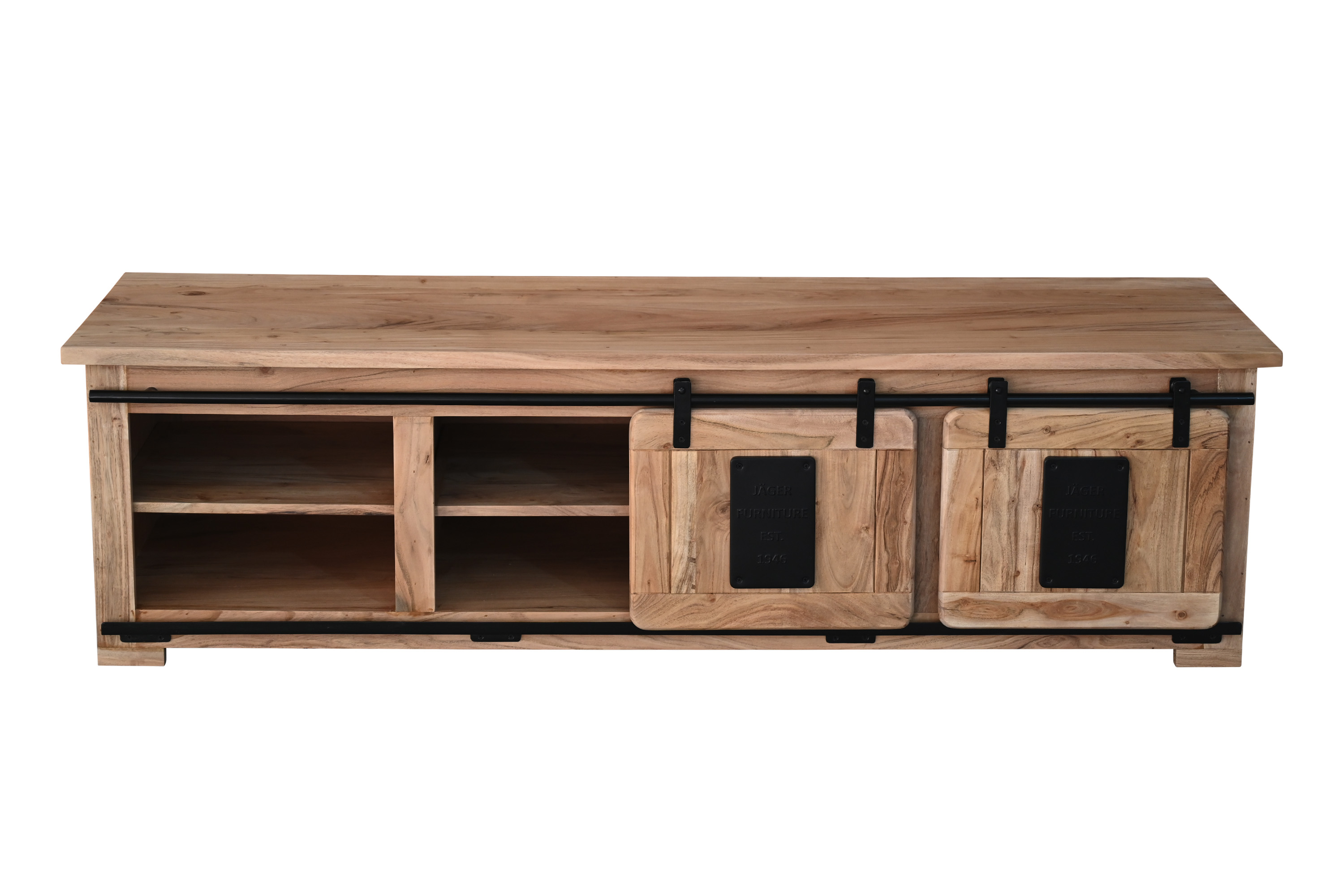 Lowboard Kommode TV-Board mit Schiebetüren & 6 Fächern Akazie massiv natur 180 x 55 x 50 cm LIBRO