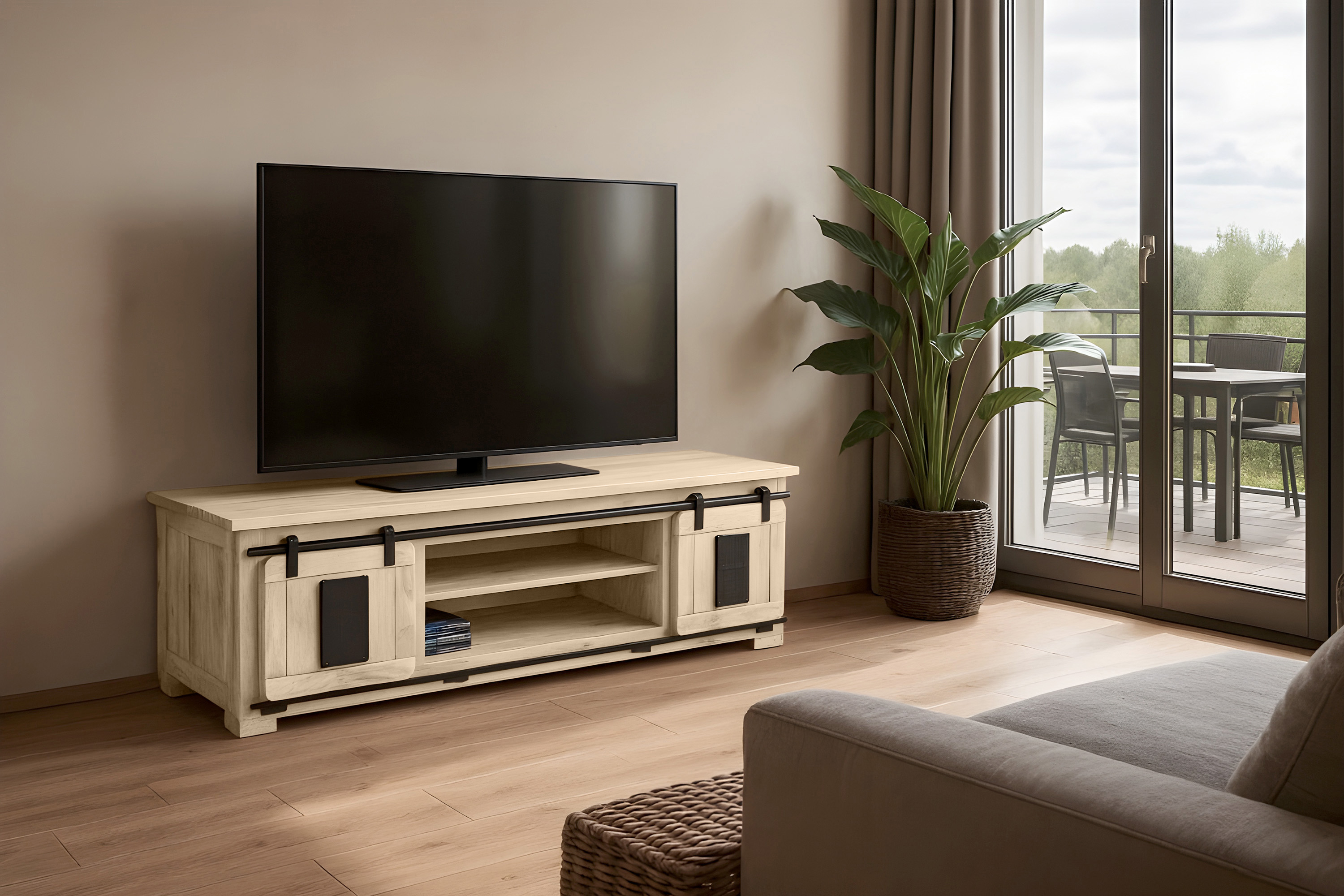 Lowboard Kommode TV-Board mit Schiebetüren & 6 Fächern Akazie massiv eichenfarben 180 x 55 x 50 cm LIBRO