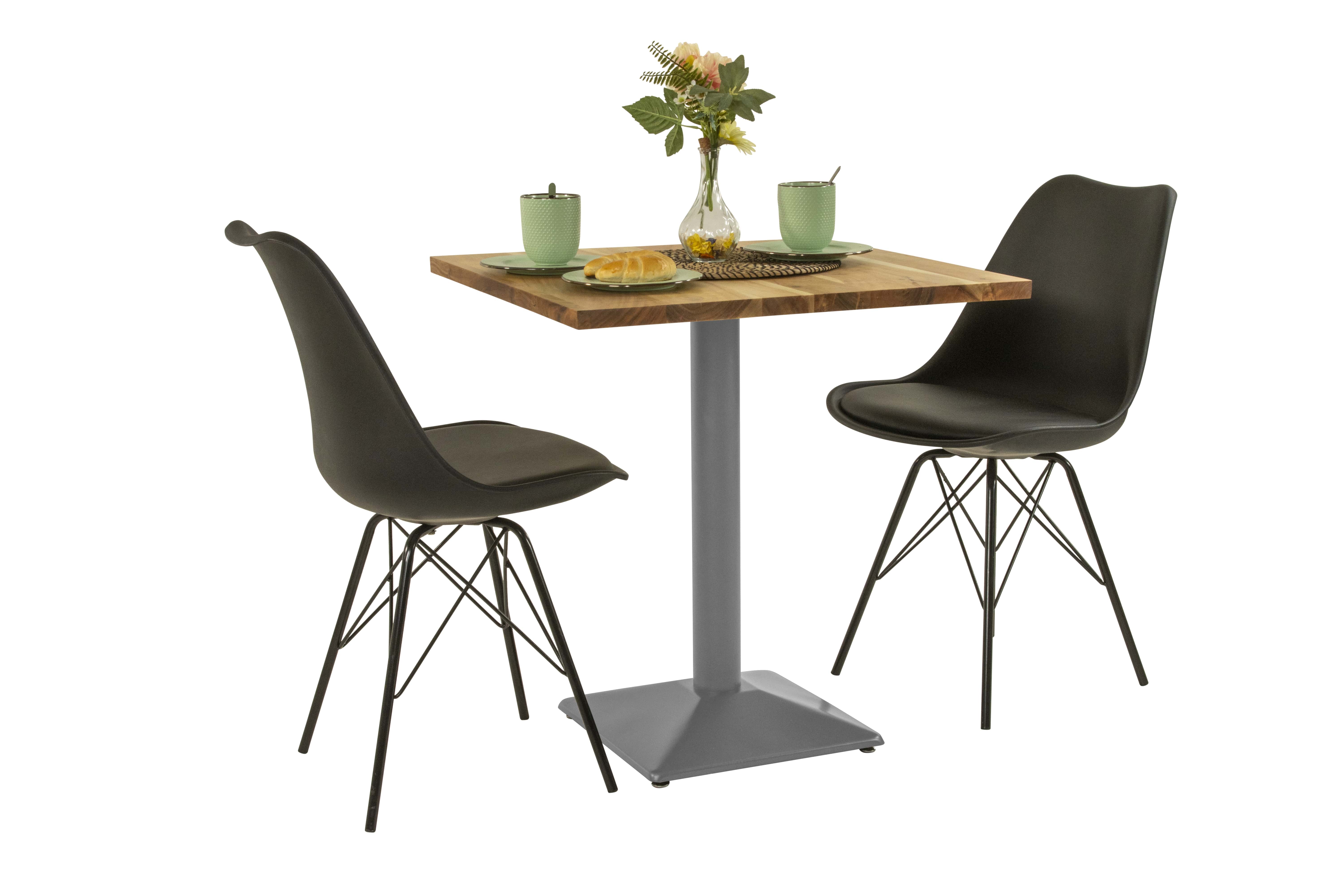 Bistrotisch Baumkante massiv 60 x 60 cm Akazie naturfarben Gerade Kante Säulengestell silber BRASILEIRO