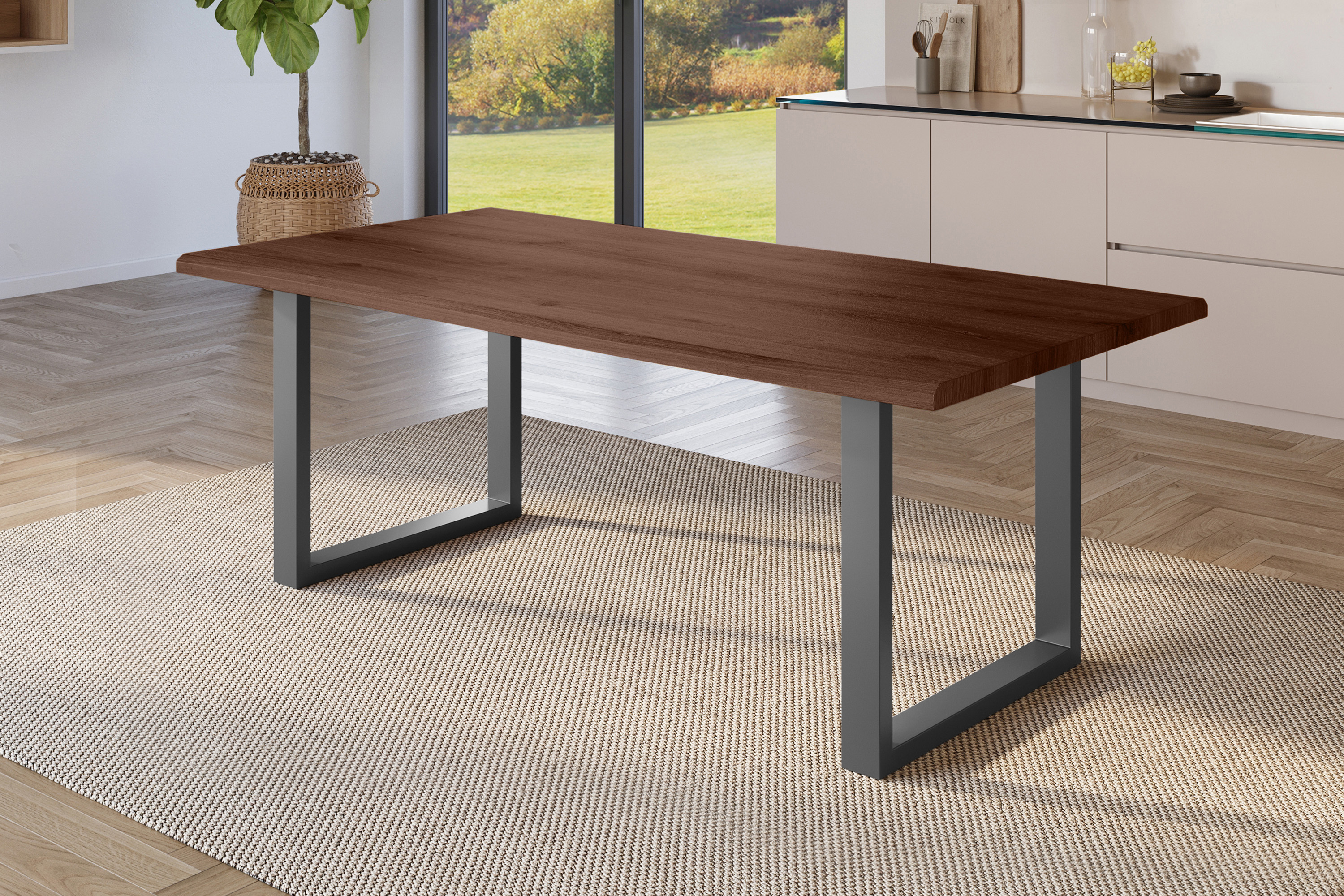 Esstisch Baumkante Holz-Optik Nussbaum 200 x 100 U-Gestell schwarz JULIUS