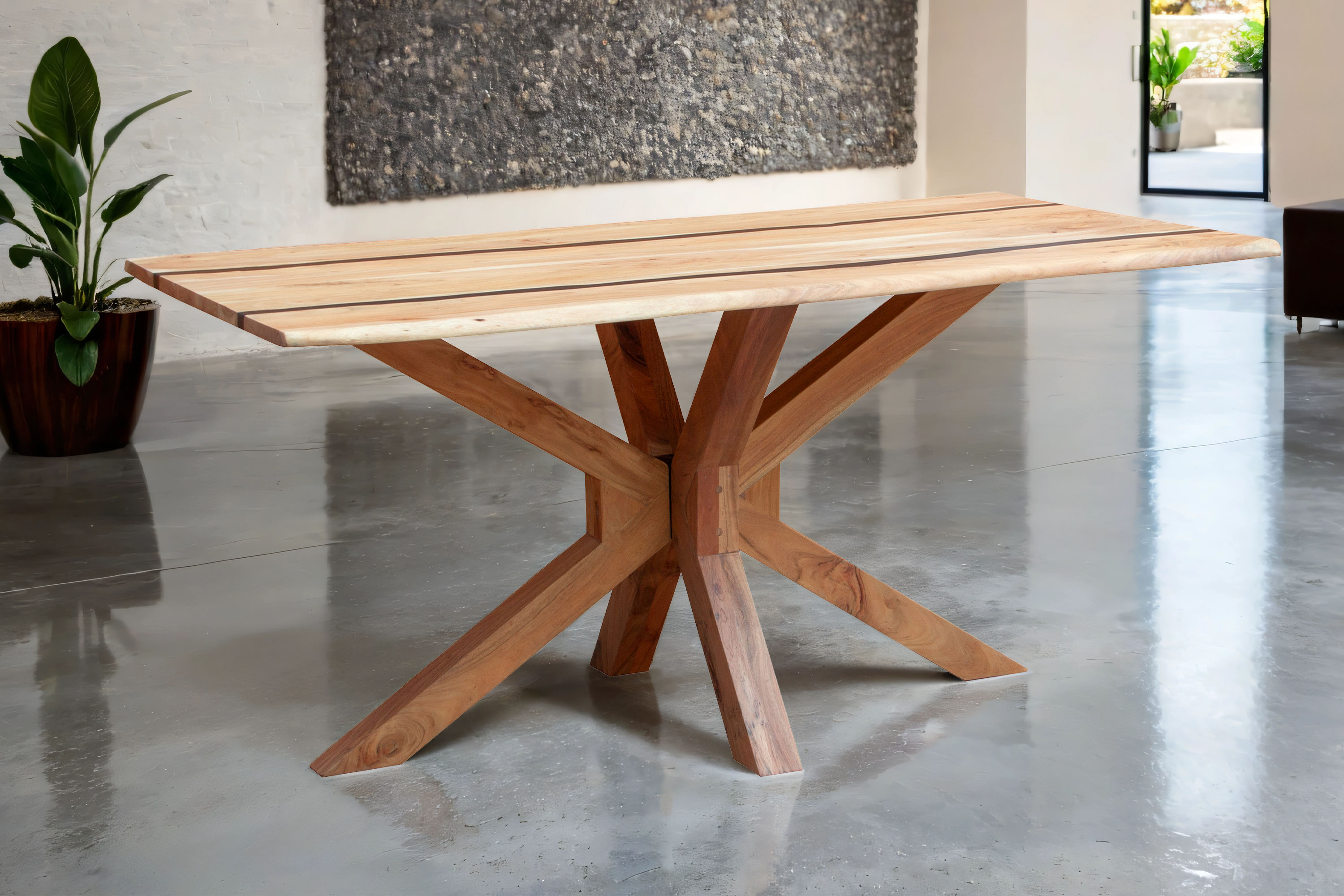 Esstisch 200 x 100 cm Akazie massiv natur mit schwarzen Resin-Adern Spider-Gestell Holz natur PETER