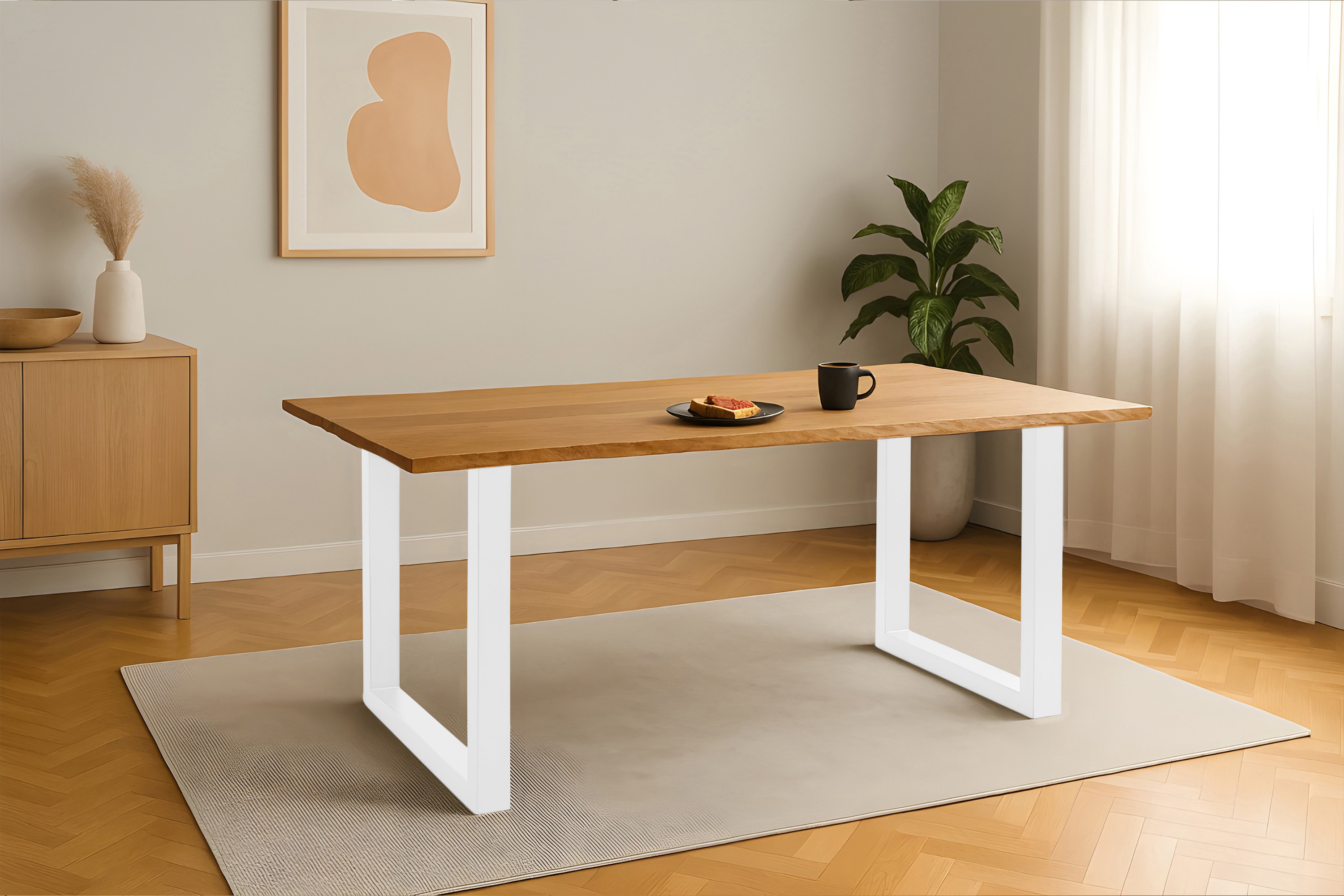 Esstisch Baumkante massiv Eiche geölt 200 x 100 cm U-Gestell weiß  SALVADOR