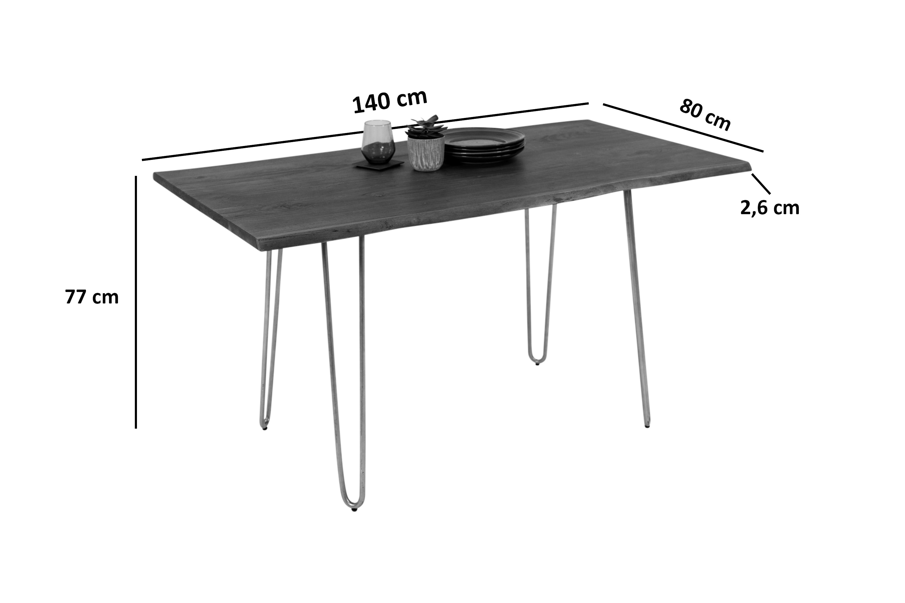  Esstisch Baumkante massiv Akazie nussbaum 140 Hairpin-Gestell silber HANNAH