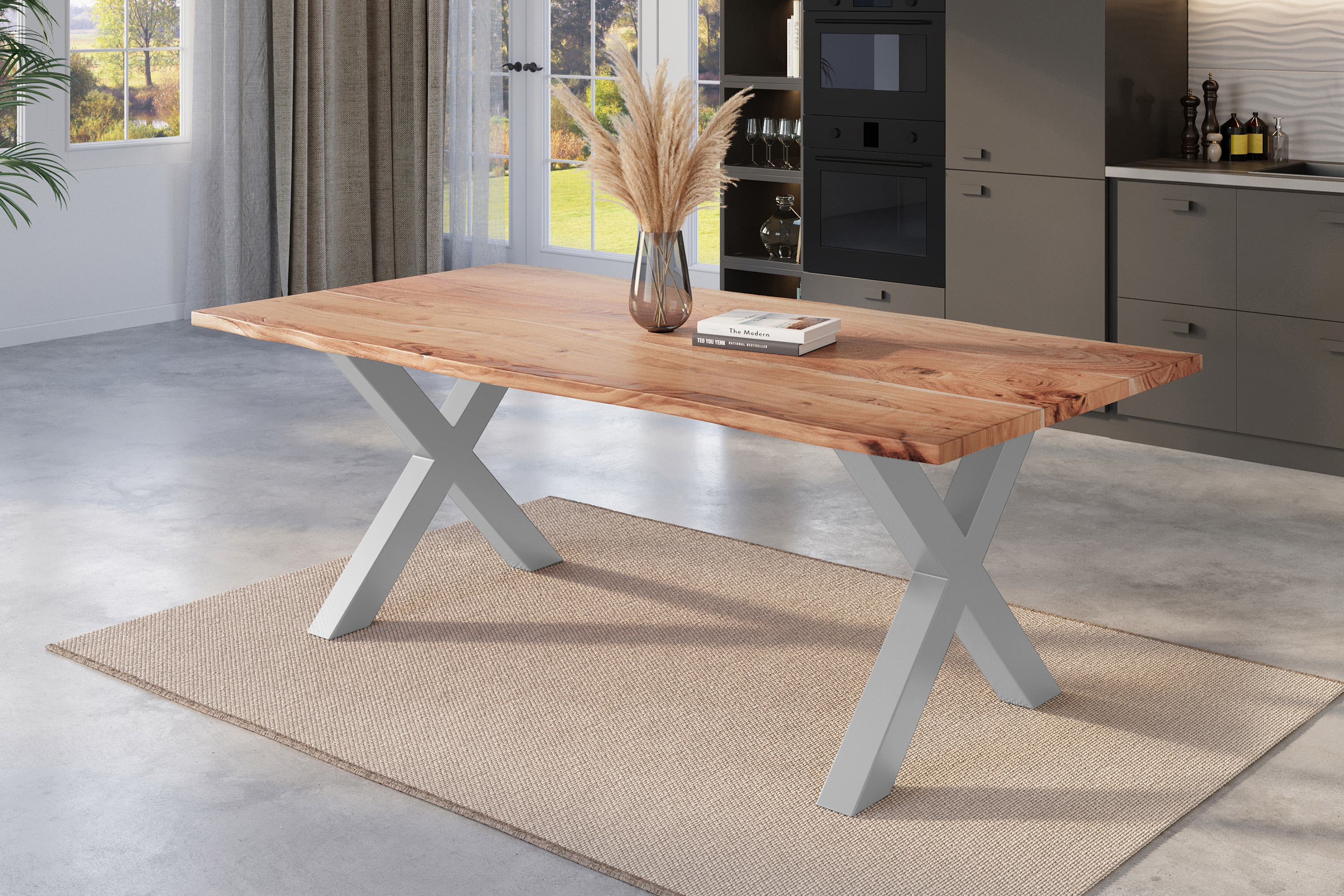 Esstisch Baumkante massiv Akazie natur 180 x 90 silber X-Gestell NICK